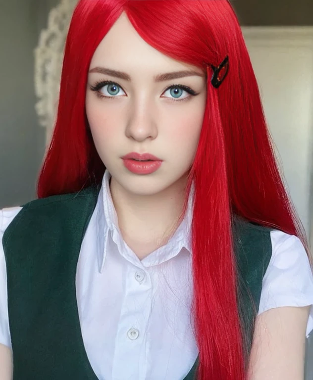 young woman, porcelain skin, long red hair, red eyebrows, blue-gray eyes, buttoned nose, thick lips, heart-shaped face, green clothes, Kushina, realism, 3d