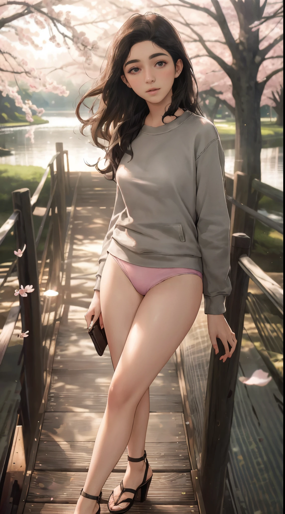 16 year old pre-teen, Finnish, blonde, long hair, small breasts, big eyes, long legs, close-up on thighs, gray sweatshirt, pink panties, high heel sandals, park background, crossing a wooden bridge at the lake, trees, cherry blossom, sunrise, light through fabric, (realistic, photorealistic: 1.37), specular light, ray tracing, HDR