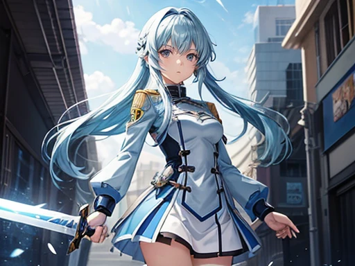 She has light blue hair, black eyes, height 175 cm, weight 51 kg, wears a light blue uniform. anime character with a clothes from Sword Art Online, inspired by Asaka from Genshin Impact, official fanart, made with anime painter studio, official art, made in A-1 Pictures Studio anime style