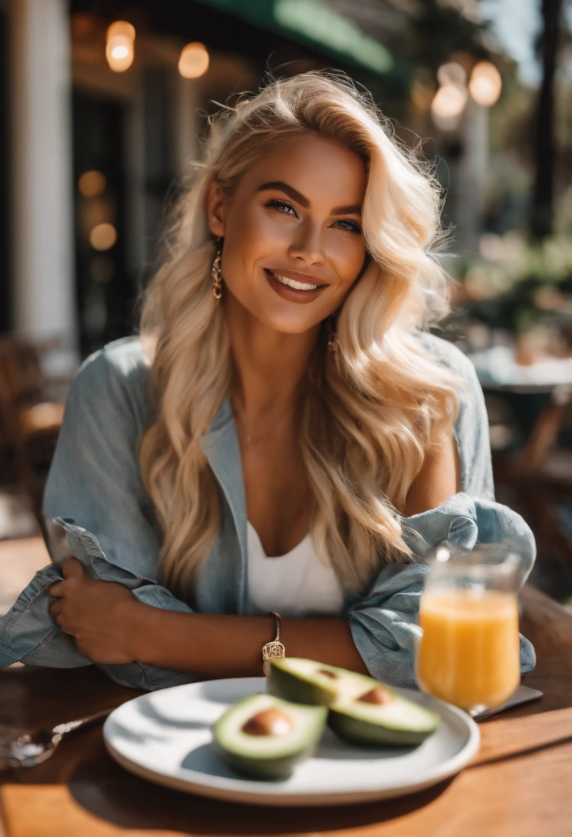 A photo of LA influencer chick enjoying avocado toast at a trendy brunch spot.,original,She is blonde, young, beautiful, lives in Hollywood, and takes a selfie , female