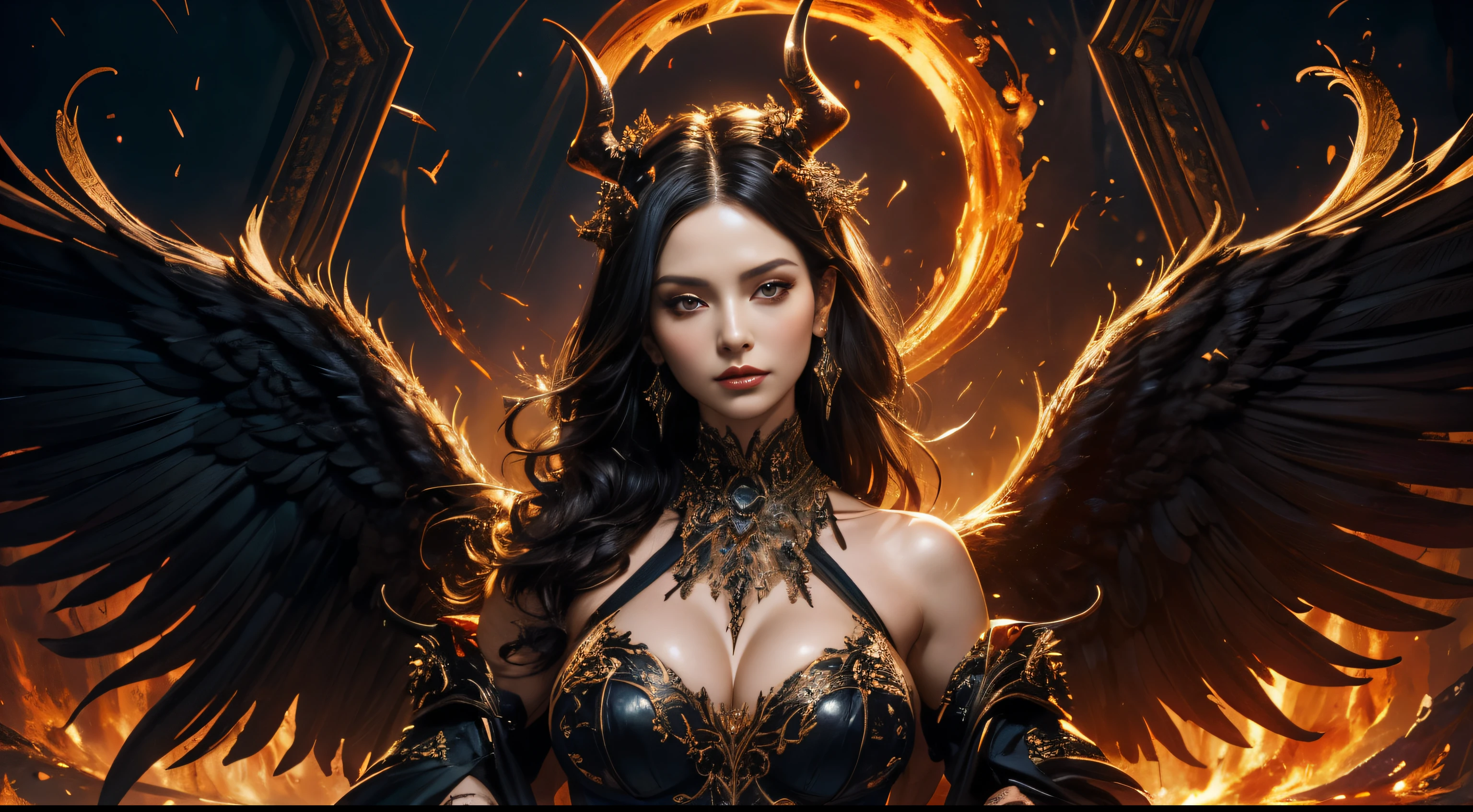 hyper HD,Raised sexy,arrogant,A mature woman,burning horn,Large breasts,Black feathered wings,(Medium portrait:1.8),With volcano as background,Hellfire,mystic symbols,magia,theatrical