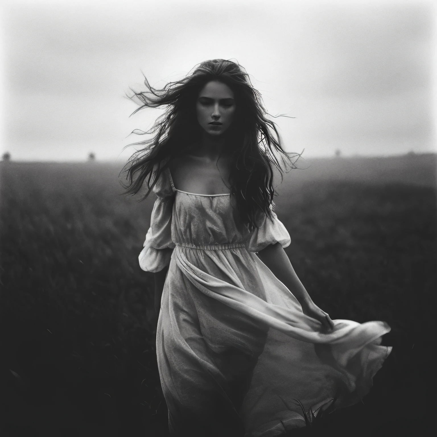 Mujer arafed con un vestido blanco caminando por un campo., por Russell Drysdale, Cabello oscuro soplado por el viento, David Hamilton, inspirado por Katia Chausheva, por Thomas Bock, por Karl Buesgen, Windy mood, a stunning young ethereal figure, azotado por el viento, arrastrado por el viento, por Dariusz Zawadzki, por Kurt Roesch