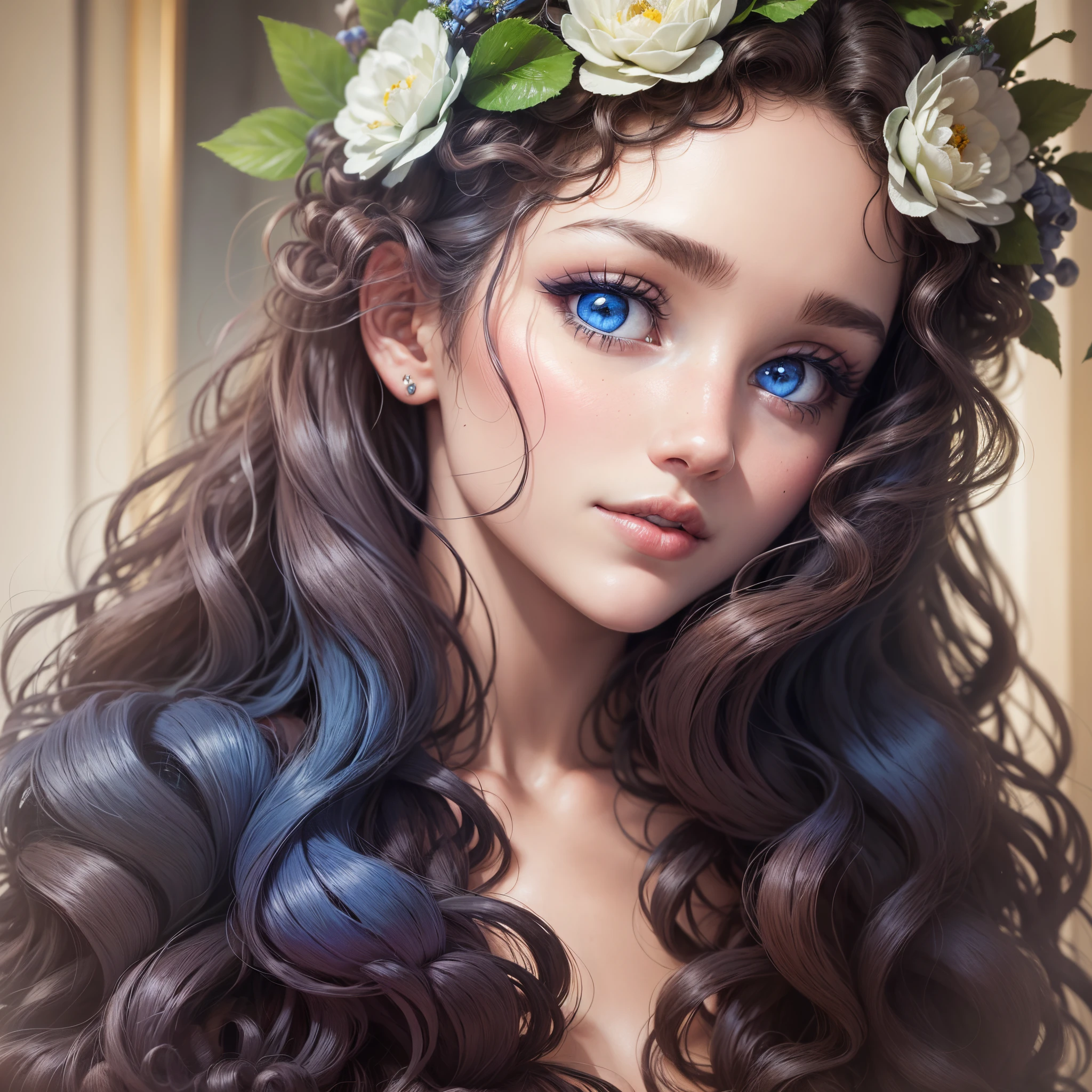 A curly haired beauty wearing a wreath, perfect facial features, three-dimensional facial features, blue eyes, high resolution, extremely high resolution, adding details, enhancing clarity, enhancing details, close-up shots --auto --s2