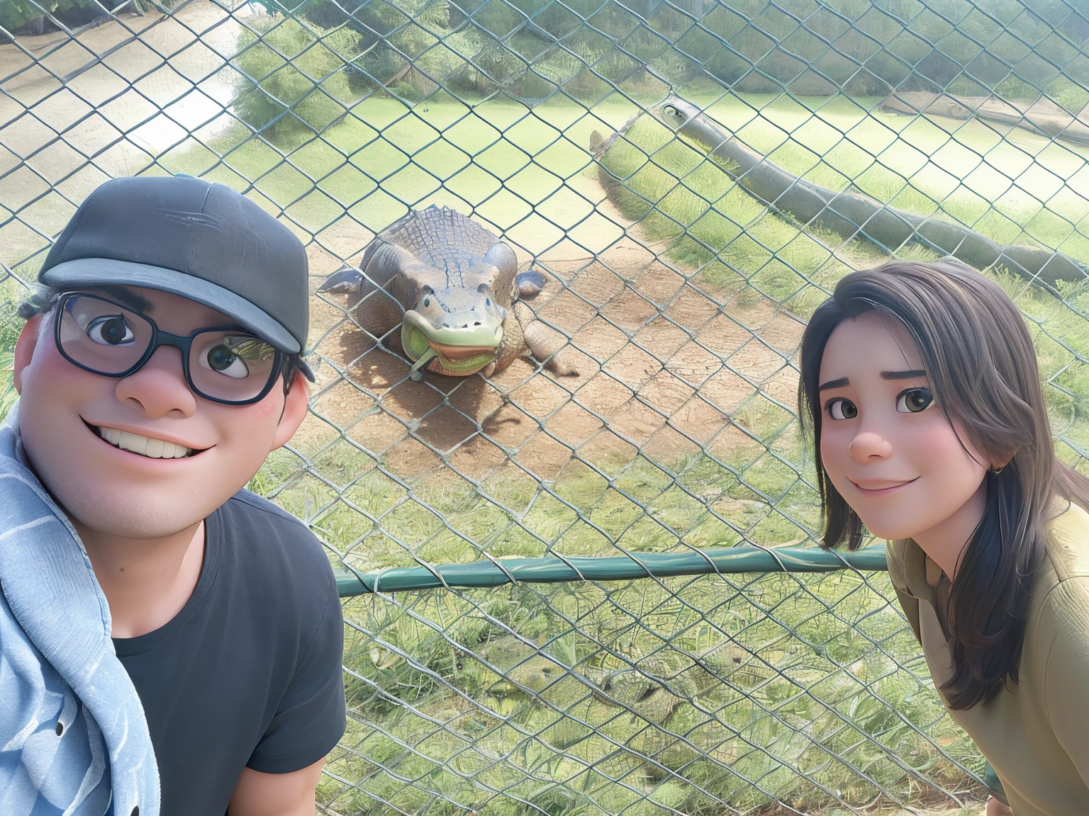 Man and woman taking picture next to a large crocodile inside a fence, real picture taken in zoo, taken with sony alpha 9, taken in zoo, in the zoo exhibit, taken with the best dlsr camera, selfie, shot with iphone 1 0, low quality photo, picture taken in zoo, shot on nikon z9, facebook post