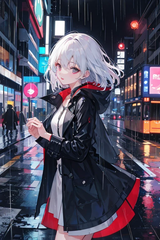 1girl,night city,rain,coat, dancing in rain
