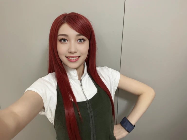 young woman, porcelain skin, long red hair, red eyebrows, blue-gray eyes, buttoned nose, thick lips, heart-shaped face, green clothes, Kushina, realism, 3d