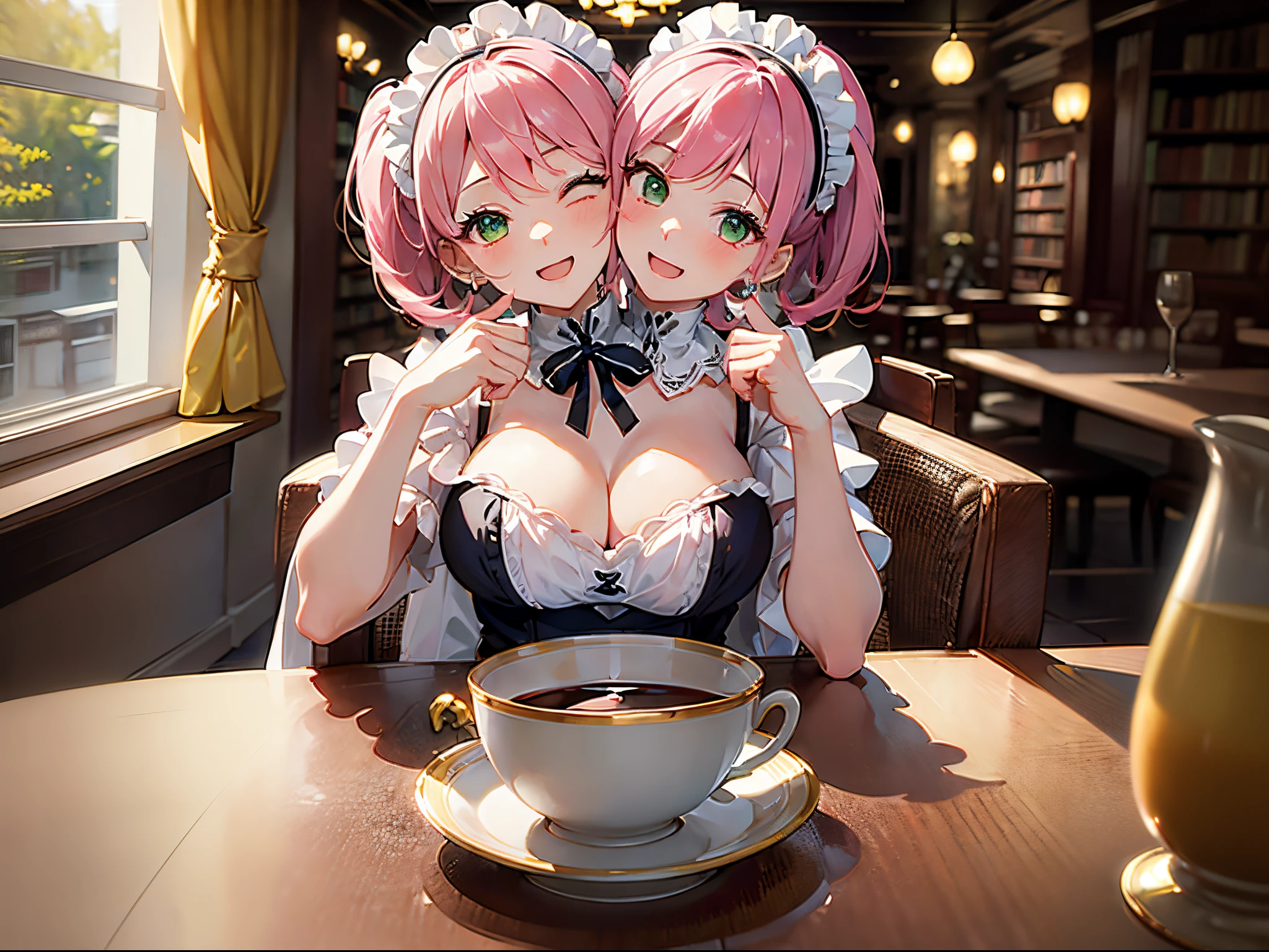 (masterpiece, best quality), best resolution, (2heads:1.5), 1girl, pink hair, green eyes, left head's mouth open, right head's mouth closed, talking to the viewer, sitting at a table across from the viewer, holding a teacup, maid outfit, private library, mansion