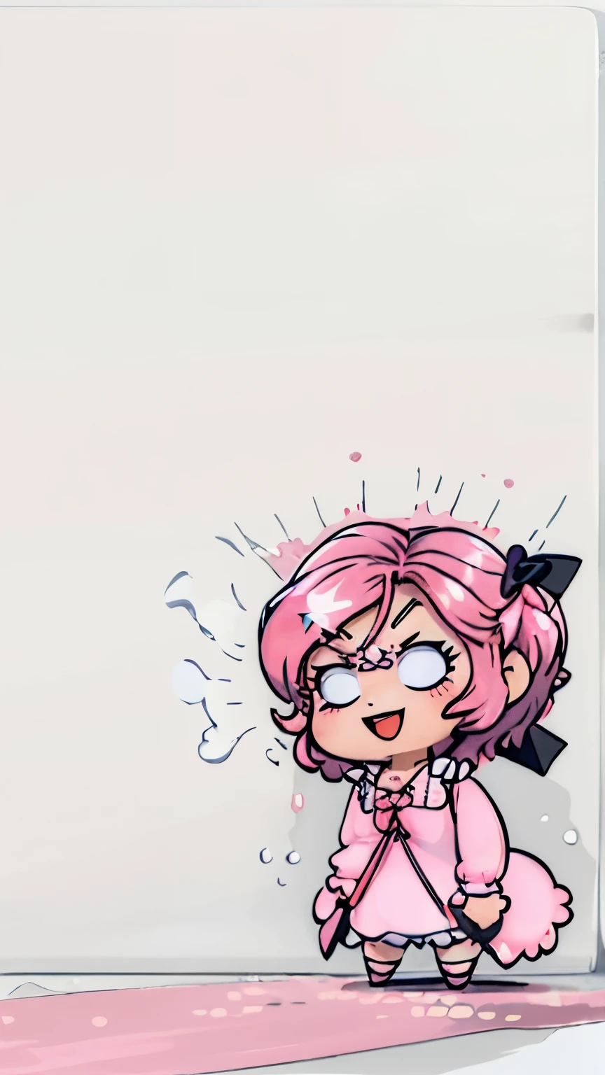 1 cinta, (Chibi:1.3),(s corpo inteiro:1.5), ((Fundo branco em branco:1.5)) olhando para cima para o espectador, Corar, sorrir, :D e, Abra a Boca (Pink one-piece dress:1.2), ((cabelos brancos)), cabelos longos, ((pupila vermelha)), orelhas de raposa, Rabo de Raposa, (A very large pink ribbon on top of the head:1.2) Enquanto observa o espectador,