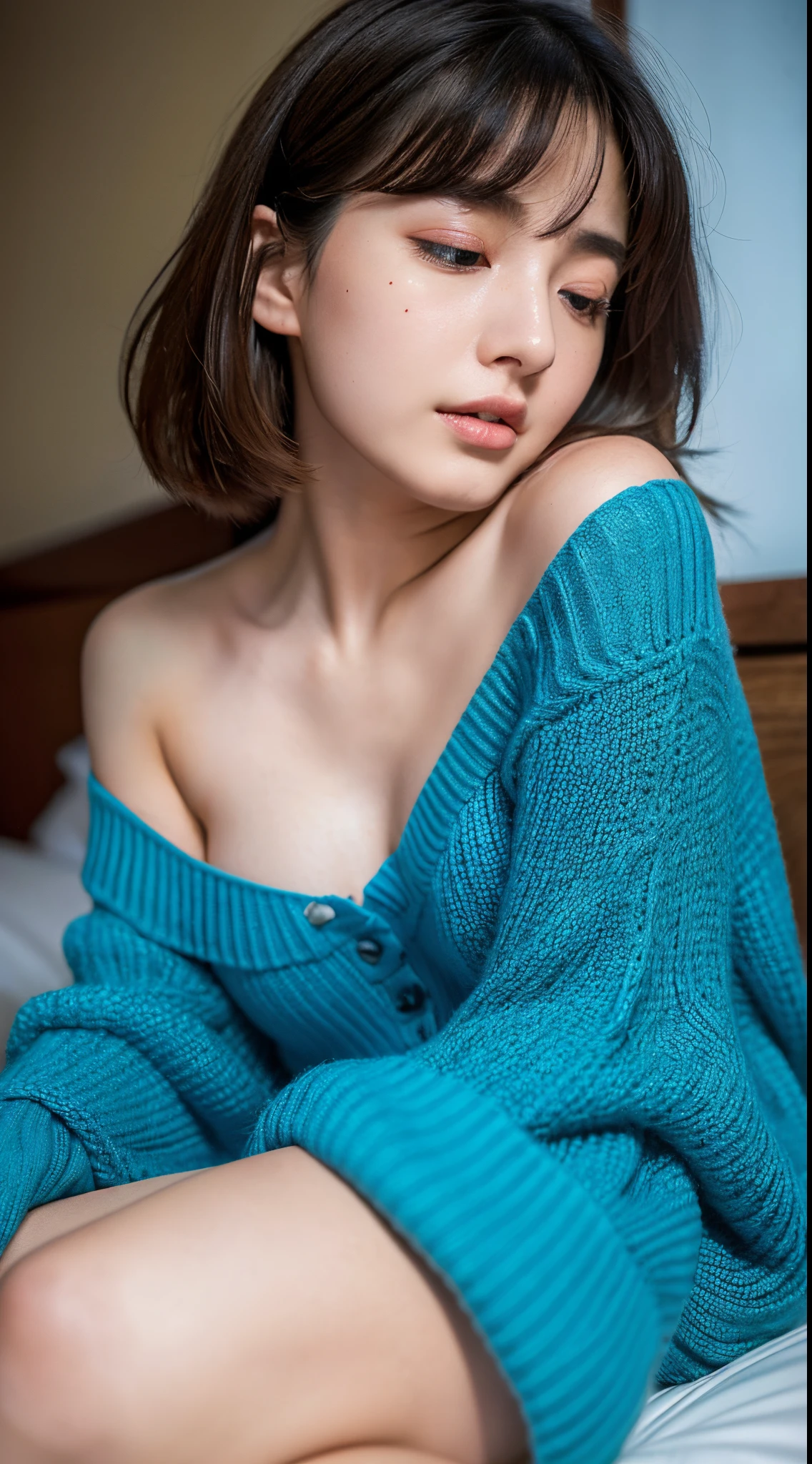 masterpiece , Best Quality, Ultra-detailed, RAW Photo, extremely delicate and beautiful,High resolution, 1girl in, 25 years old, Beautiful girl in Japan, Small breasts, Plump lips, Wavy Hair,Short hair, I have one small mole under my eye, Detailed eyes,detailed facial features, detailed arms,Detailed fingers,Detailed legs, Bedrooms,Sleeping in bed, off-the-shoulder sweater, ((( drunk))), Perfect dynamic composition, Beautiful detailed eyes , the beach, (((Sexy face))), (((Face feeling ecstasy))), ((Face at the peak of sexual arousal)), ((Sensation of the face having sex)),(((underlighting))), (blue lights), Film grain, SLR camera, 35mm lens focal length,((( from below )))