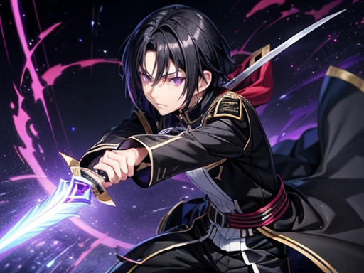 Has black hair color, dark purple eye color, unknown height, unknown weight, wears a dark black uniform. anime character with a clothes from Sword Art Online, inspired from Sword Art Online, official fanart, made with anime painter studio, official art, made in A-1 Pictures Studio anime style, He is a Villain of Story