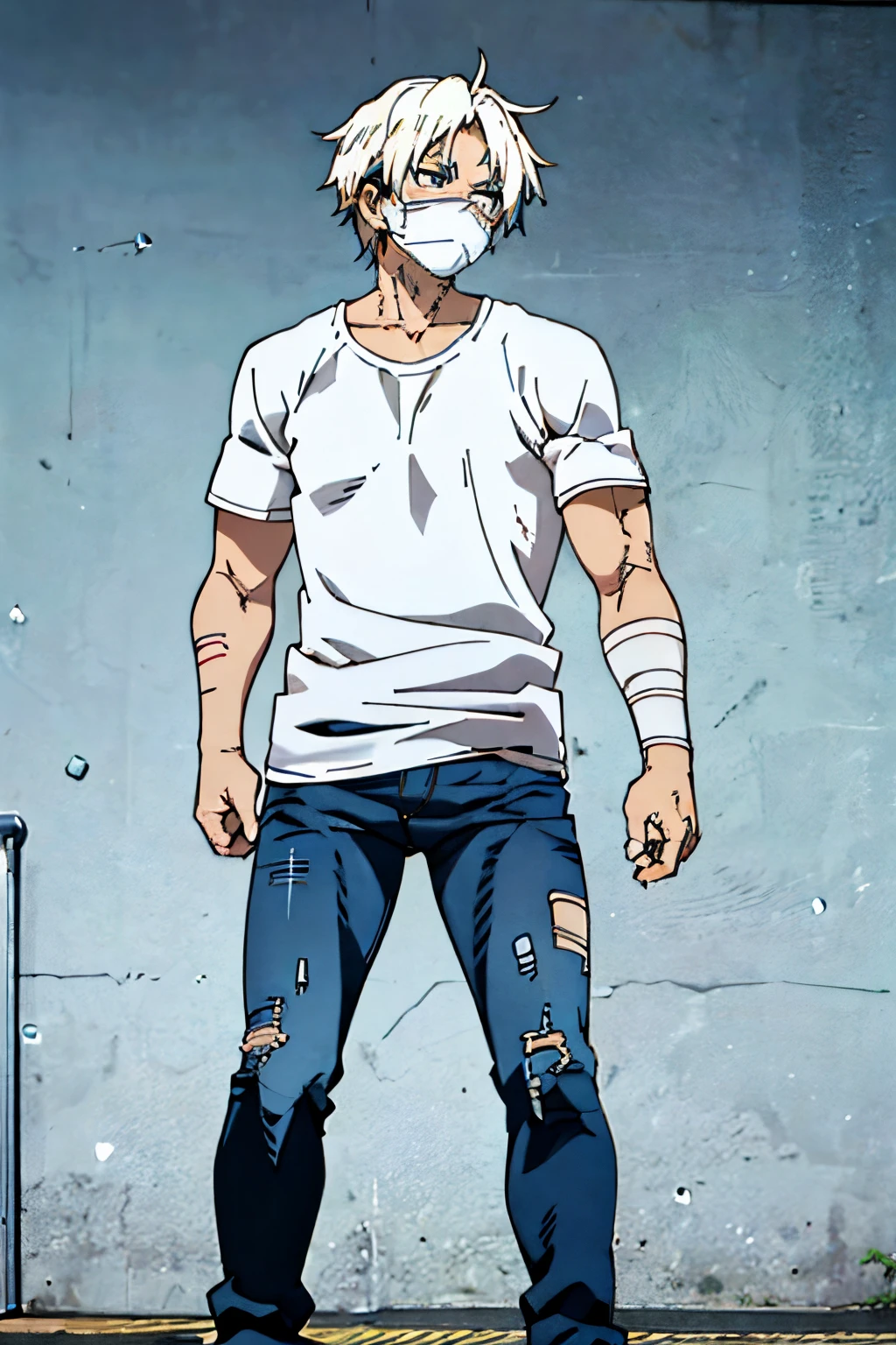 Strong muscles、Adult male、cool expression、Calm face、Full body like、damage jeans、Unhealthy face、Ridges under the eyes、white  hair、worn out shirt、Arm wounds、masks、The whole body seen from the front、Transparency、hightquality、Anime-ish、Natural standing