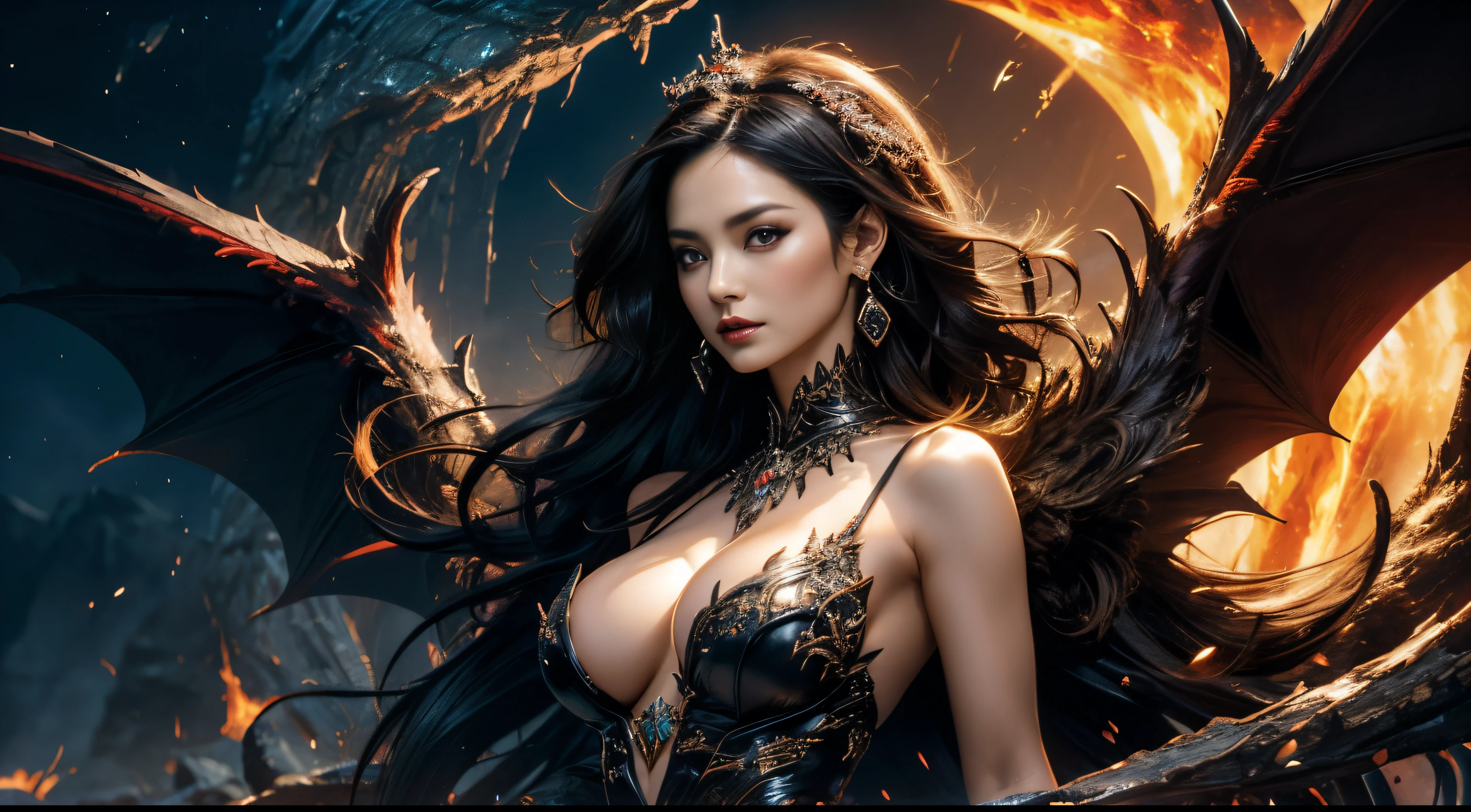 hyper HD,Raised sexy,arrogant,A mature woman,Dragon's Horn,Large breasts,Black feathered wings,(Medium portrait:1.8),With volcano as background,Hellfire,mystic symbols,magia,theatrical