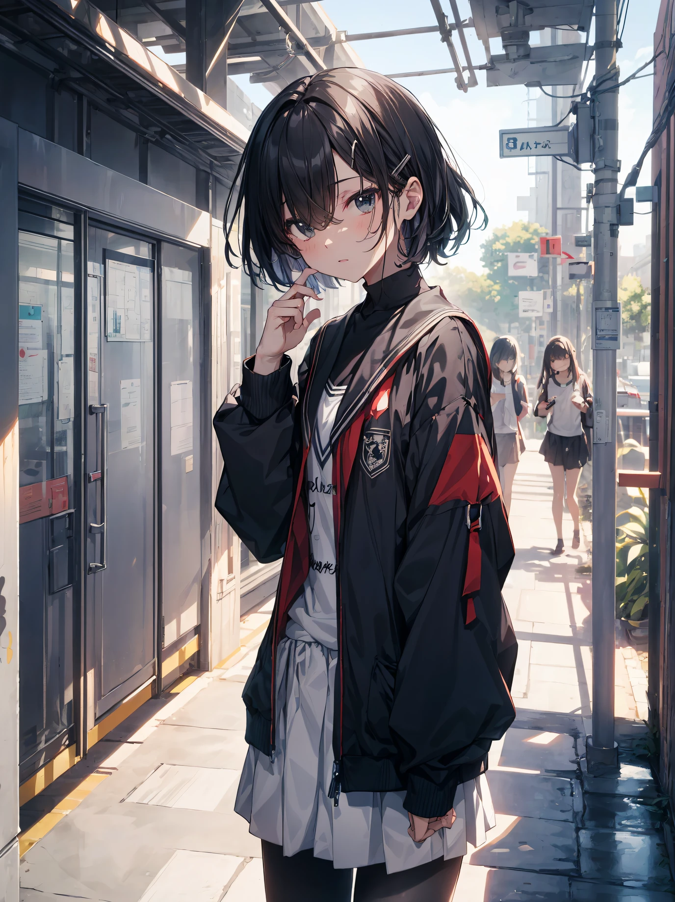 God quality, anime moe artstyle,best anime 8k konachan wallpaper,badass anime 8k,perfect anatomy, (Please draw a girl walking sleepily to school. ),break, 1girl, (Solo,Loli,,13-ye-ol3),a ior high sccharm, Very Short hair,parted bangs,(hair over one eye), Full limbs, complete fingers,flat chest, Small butt, groin, Small eyes,finely detailed beautiful black eyes,disgusted eyes, hairclip, school Uniform, in the School commute route. break,ultra-detailed,high resolution,super detailed skin, professional lighting,8k eye details, (cool illustration:1.2),