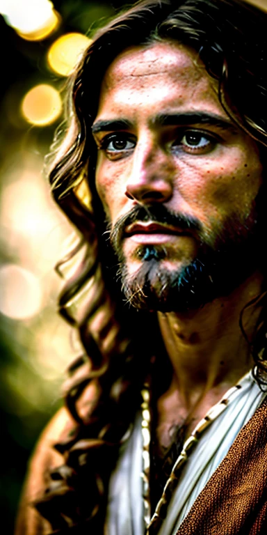 portrait of Jesus Christ cinematic lighting, profundidade de campo, Bokeh, Realismo, fotorrealista, hiper-realismo, fotografia profissional, UHD, DSLR, HDR olhando para nos