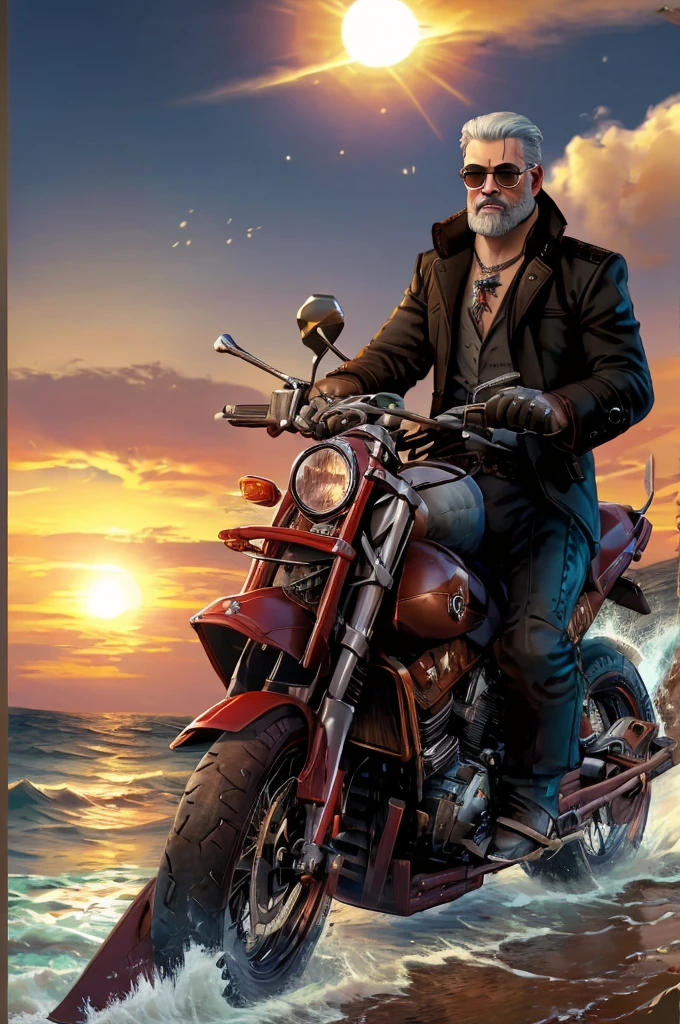(masterpiece, top quality, best quality, official art, detailed:1.2), geraldoW3, solo, mature male,s, white hair, white gloves, coat, blood,facial hair, beard, formal, suit, beard, glove, sun glasses,medallion, shorts, riding motorcycle, road, seascape, sunset, realistic,