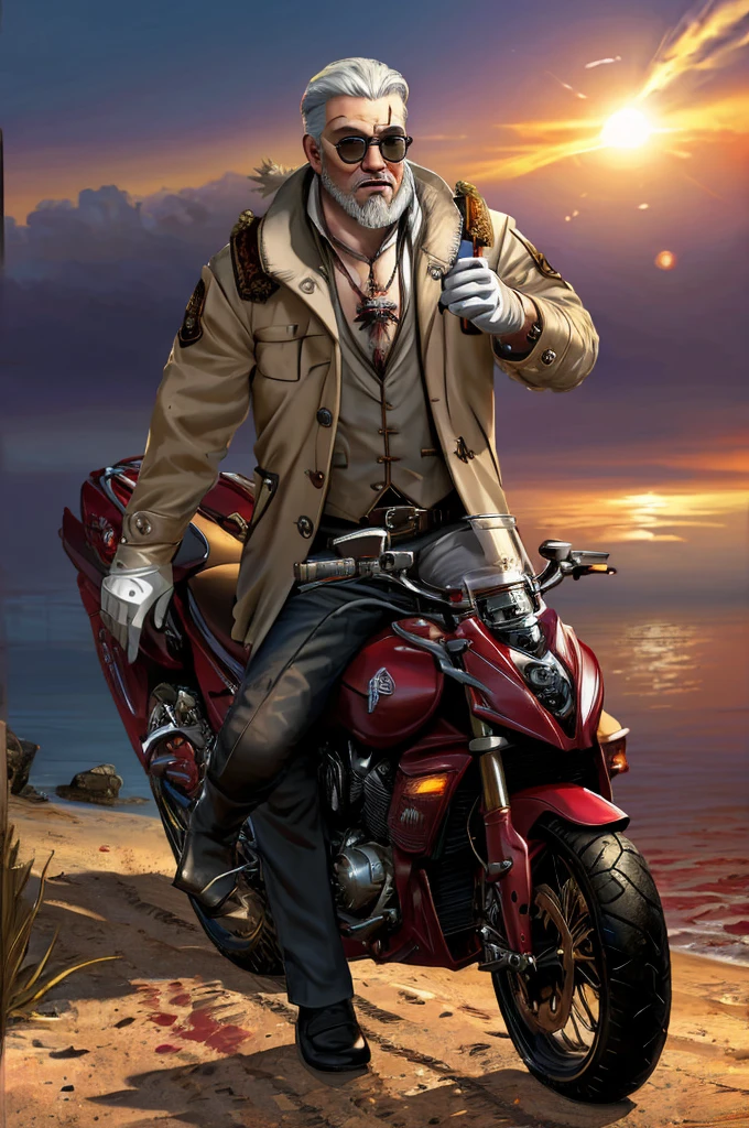 (masterpiece, top quality, best quality, official art, detailed:1.2), geraldoW3, solo, mature male,s, white hair, white gloves, coat, blood,facial hair, beard, formal, suit, beard, glove, sun glasses,medallion, shorts, riding motorcycle, road, seascape, sunset, realistic,
