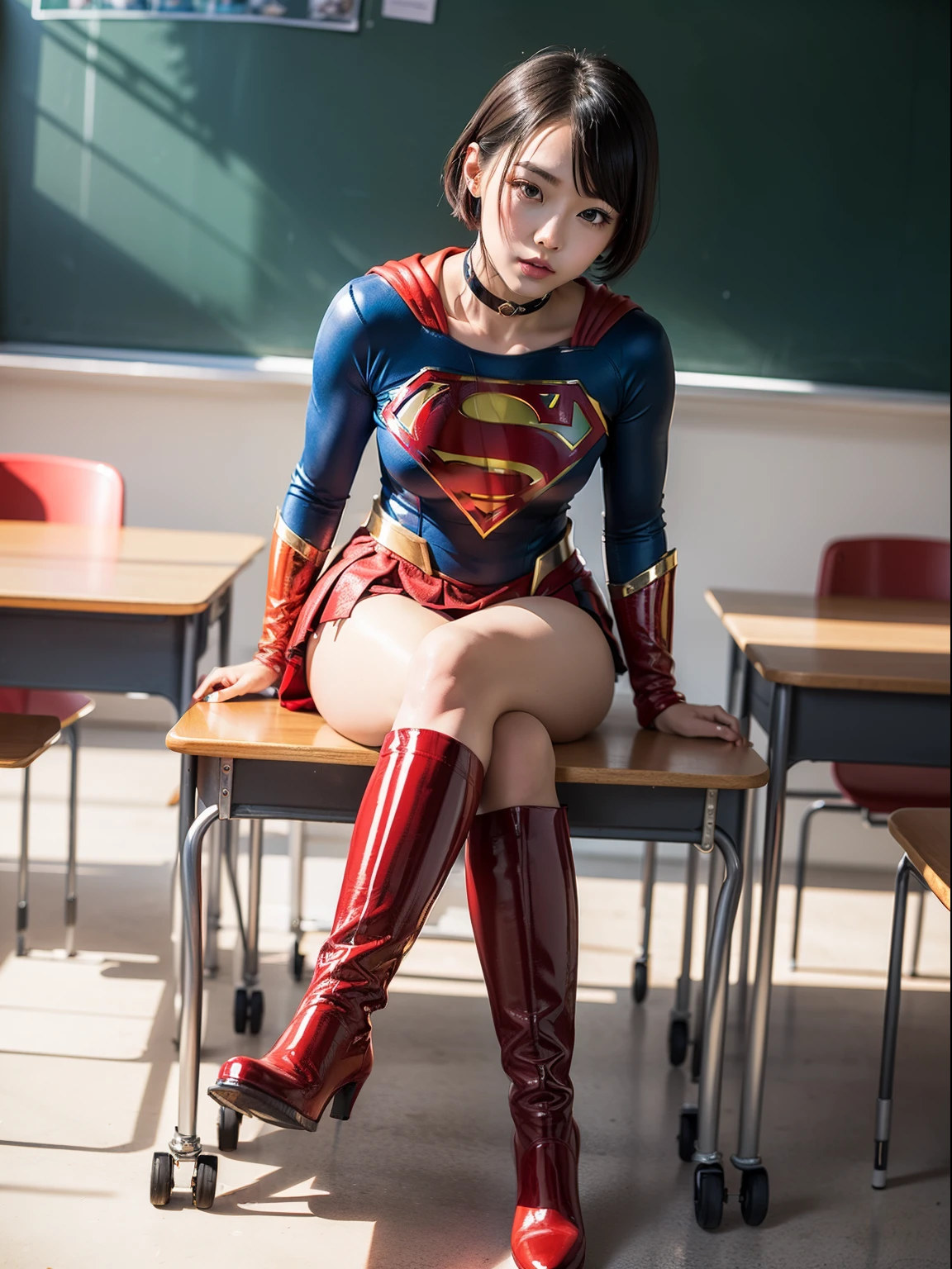 ​masterpiece,Short-haired Supergirl sitting at school desk with legs spread、large full breasts、Looking at the camera、Glossy enamel costume、Glossy bright red enamel long boots、Shiny red skirt、Glossy bondage、a choker、Large open legs