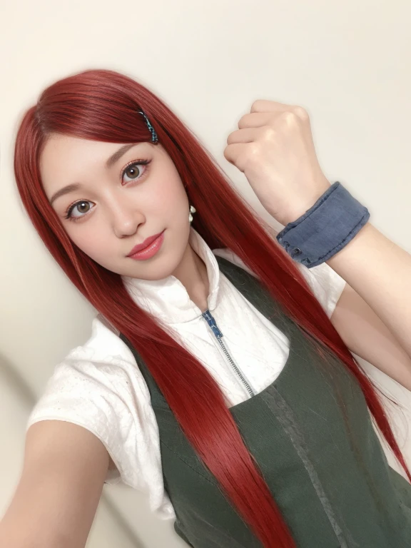 young woman, porcelain skin, long red hair, red eyebrows, blue-gray eyes, buttoned nose, thick lips, heart-shaped face, green clothes, Kushina, realism, 3d