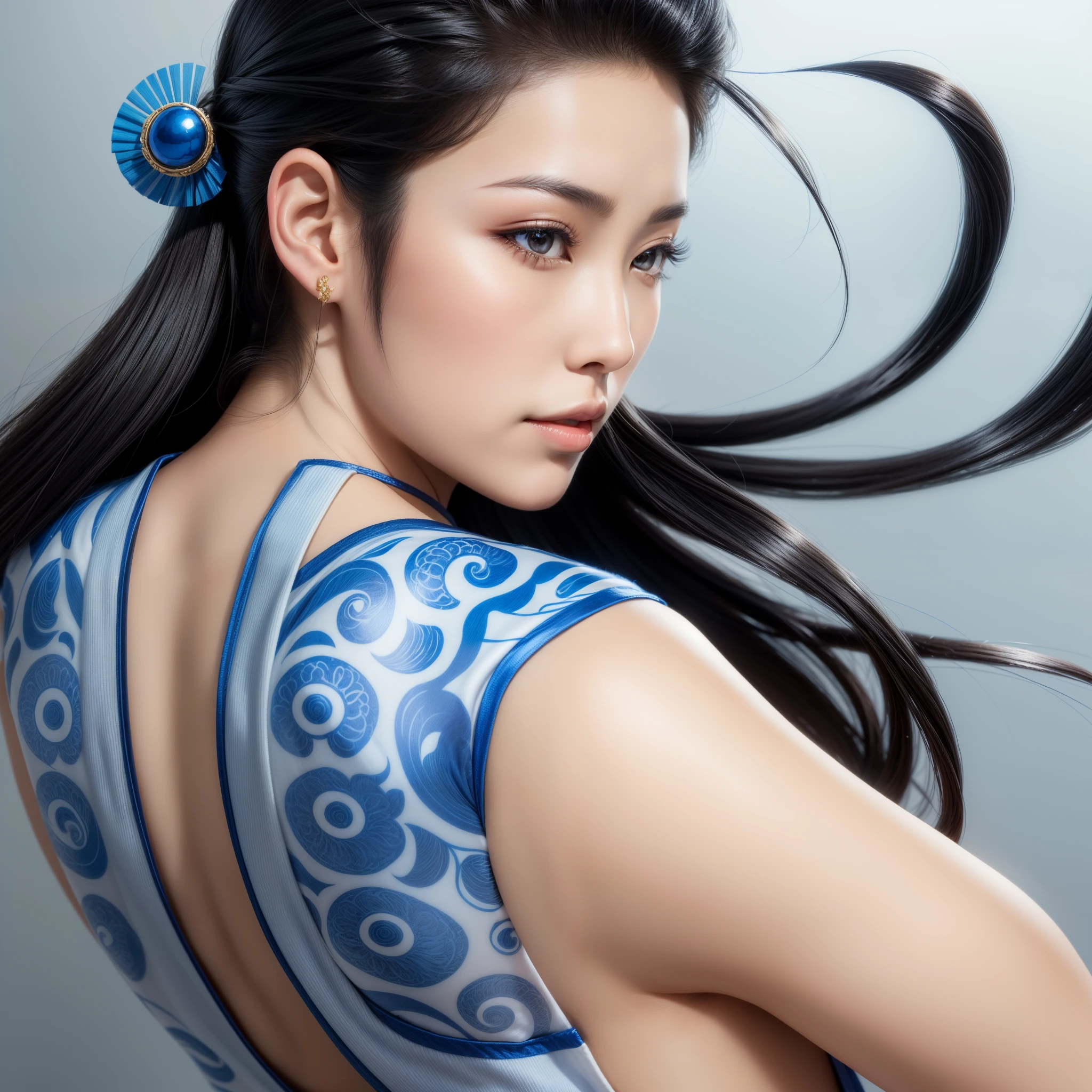 a beautiful young Asian woman, with beautiful flowing black hair, with a hair tie at the back, full lips, beautiful eyes, silky skin, wearing an earring, wearing a stylized blue and white dress with an open back, realistic Asian beauty, a beautiful Japanese hyperrealistic, photorealistic engraving of a beautiful Asian lady.
