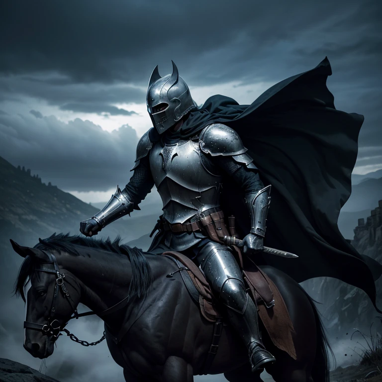 (best quality,highres,ultra-detailed,realistic:1.37),dark knight on a horse,medieval armor,menacing presence,black stallion,moonlit night,ominous clouds,rolling fog,sword raised,face hidden by a helmet,muscular build,shiny armor,sharpened sword,glimmering moonlight reflections on armor,thunder in the background,silhouette against the night sky,eerie atmosphere,foreboding darkness,vivid contrasts,dramatic lighting,heroic pose,heroic warrior,lonely figure on a quest,mythical creature lurking nearby,awe-inspiring scene,powerful presence,nighttime adventure,frightening legend,black cape flowing in the wind,intense focus,intimidating aura,excitement and anticipation in the air,ominous shadows,distant castle on a hill،majestic helmet with intricate details،heroic knight riding into the unknown