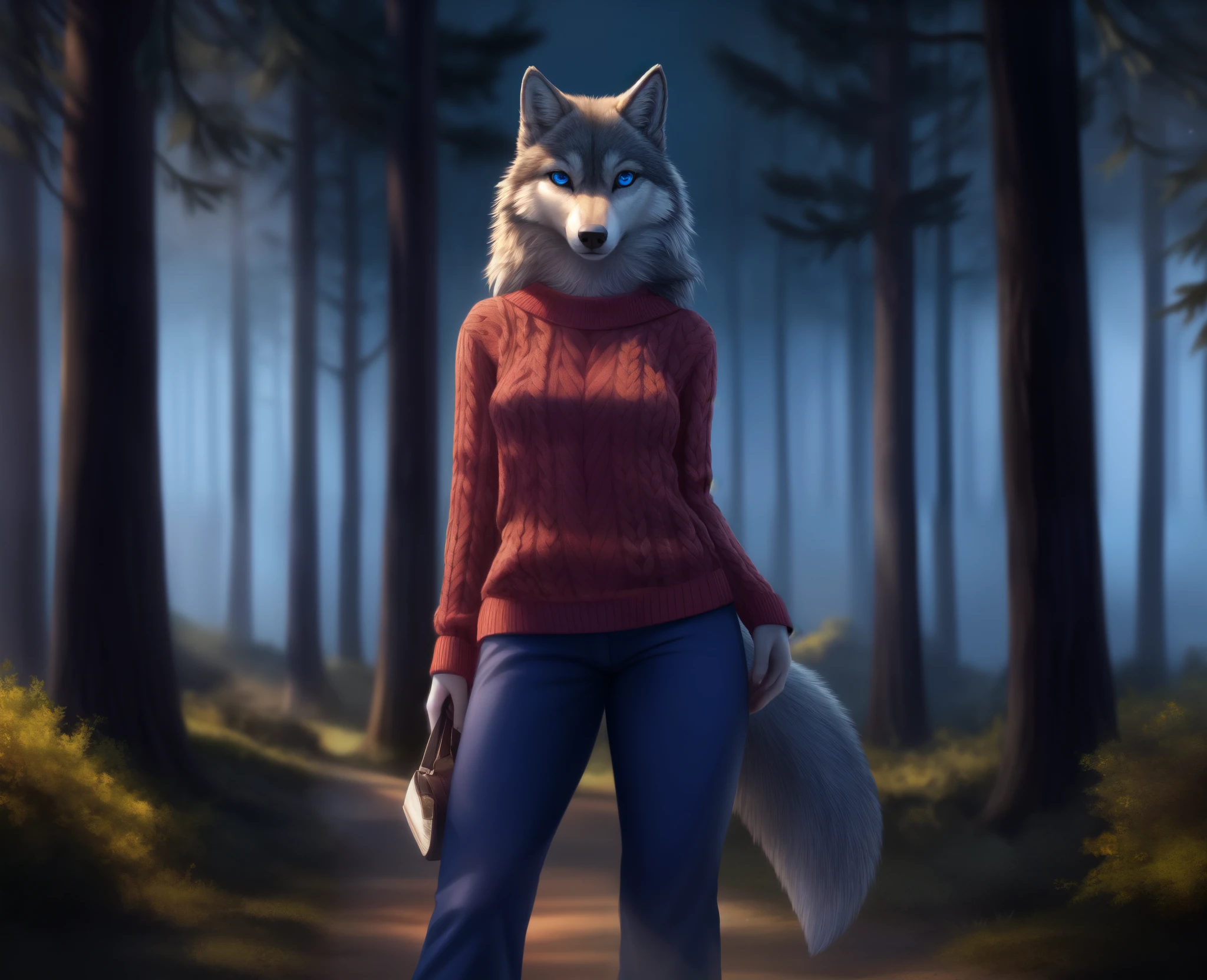 1girl, female wolf, Masterpiece, best quality, furry, anthropomorphic, Blue Eyes, best eyes, pretty female, with blue sweater and long pants, sneackers, standing, Forest, Night Day