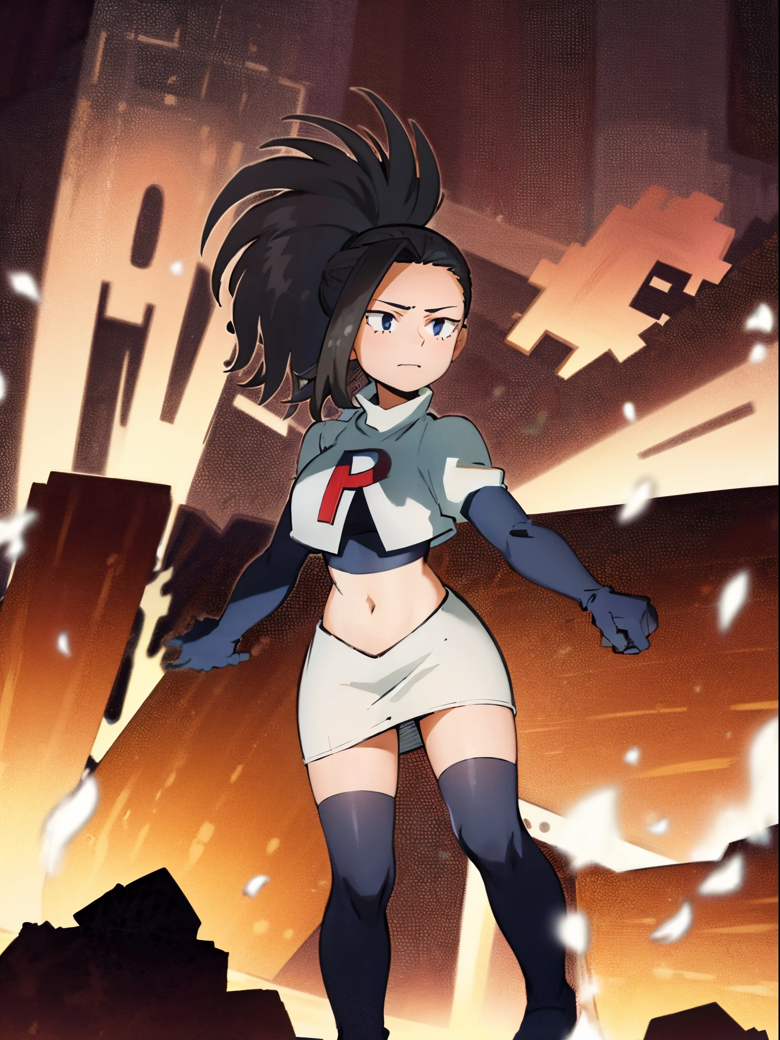 masterpiece, best quality, yaoyorozu momo, 1girl, black eyes, black hair, ponytail, long hair, hair pulled back,team rocket,team rocket uniform, red letter R, white skirt,white crop top,black thigh-highs,black elbow gloves