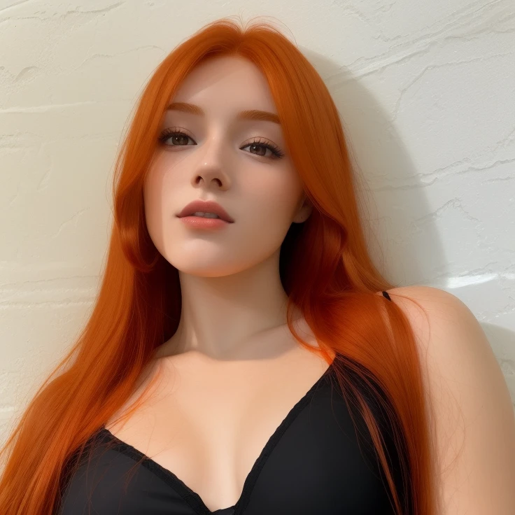 arafed woman with red hair and a black bra top, she has long redorange hair, she has long orange brown hair, 18 years old, orange skin and long fiery hair, she has red hair, smooth red skin, flowing ginger hair, a redheaded young woman, angelawhite, redhead girl, taken in the early 2020s