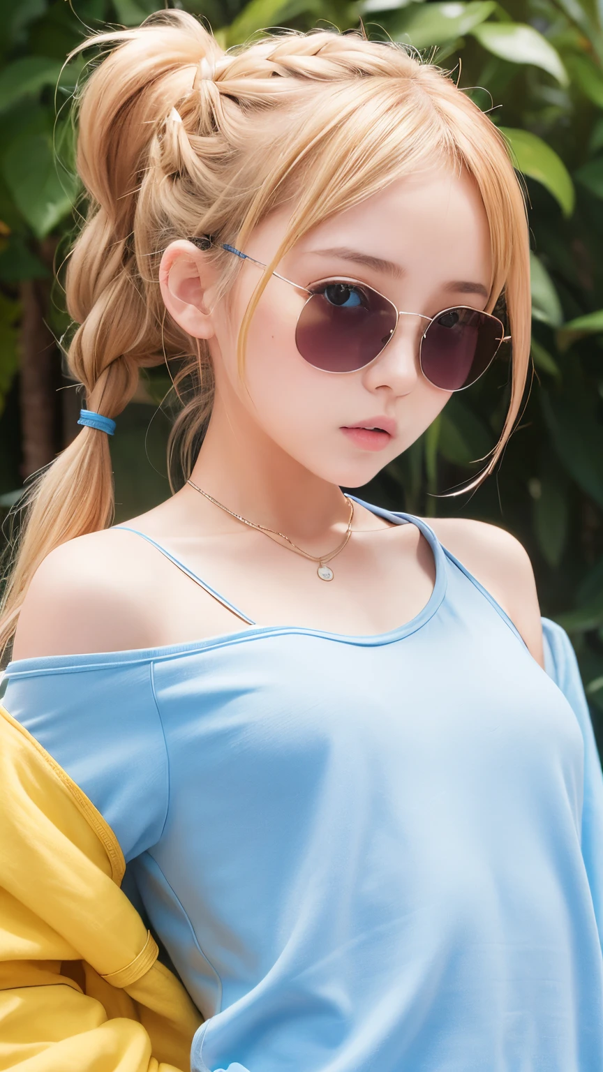 Loli girl, beautiful and cute, wearing blue sunglasses, small breasts, flat chest, toned stomach, topless, nude, yellow jacket, white sweatshirt, baby face, chibi style, red and blue two-color hair, ponytail braided hair, perfect detail eyes, delicate face, perfect CG, HD picture quality,