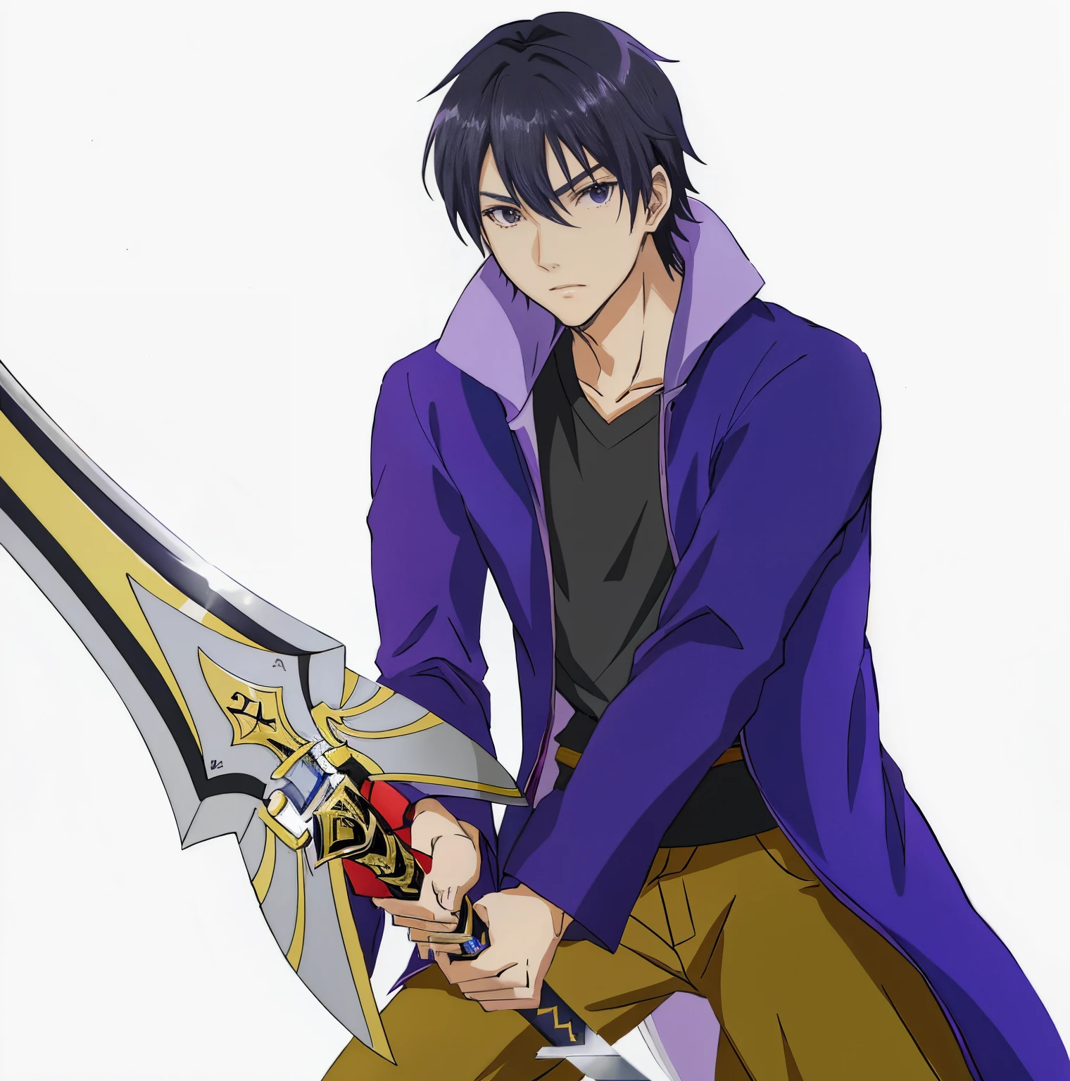 anime guy with a sword and a purple jacket, with large sword, okata kazuto, masamune shiro, nobutaka ike, anime fencer, dramatic wielding sword pose, holds a sword, holding sword, holding a big sword, while holding a sword, holding jagged scimitar, holds a black sword, male anime character, wielding kunai