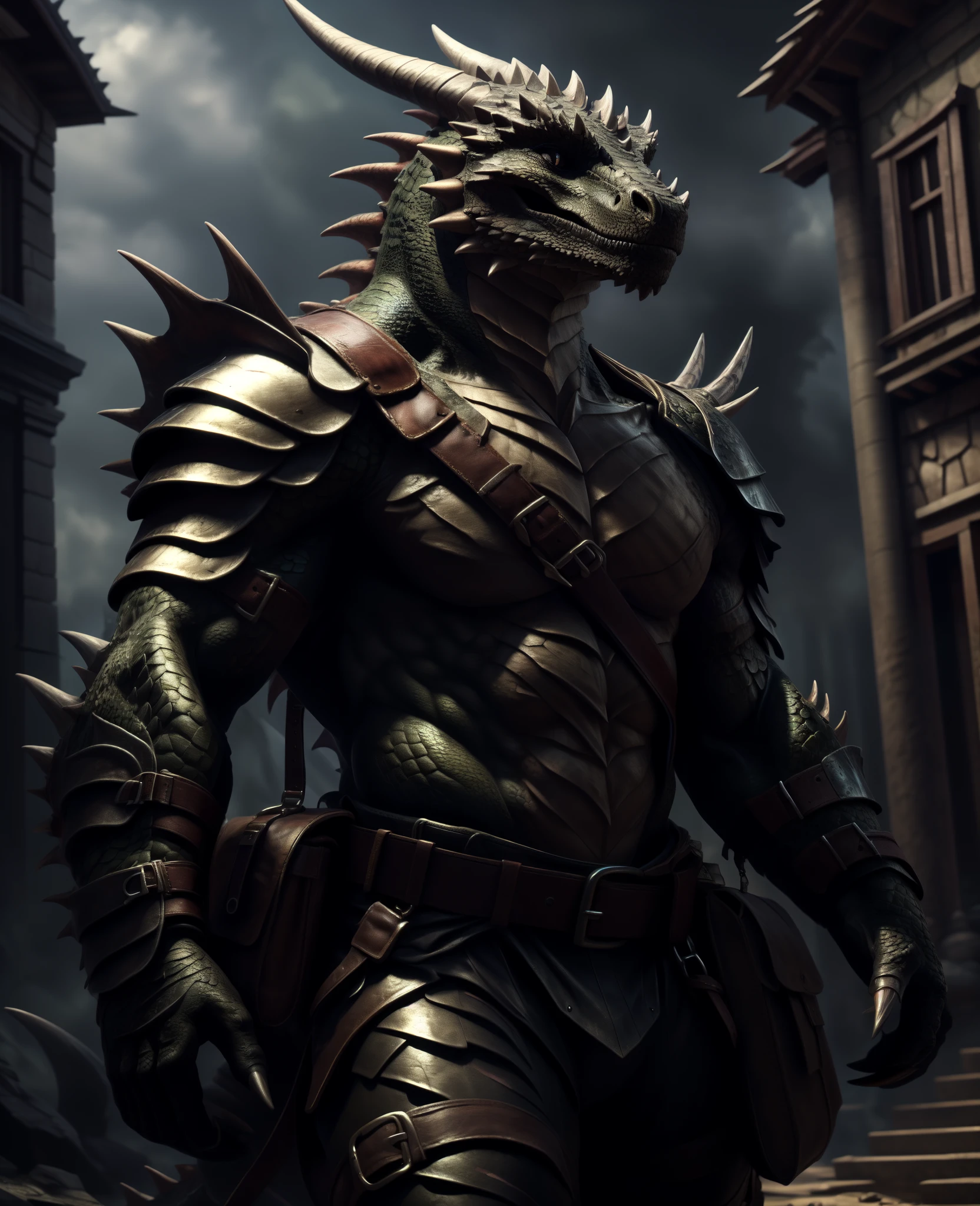 A dragon lizard man, female, illustration, (best quality, 4k, highres, masterpiece:1.2), ultra-detailed, realistic, horror, sharp focus, vivid colors, abs, light armor, black body with scales, black eyes, in motion, belts with pouches and bag, scars