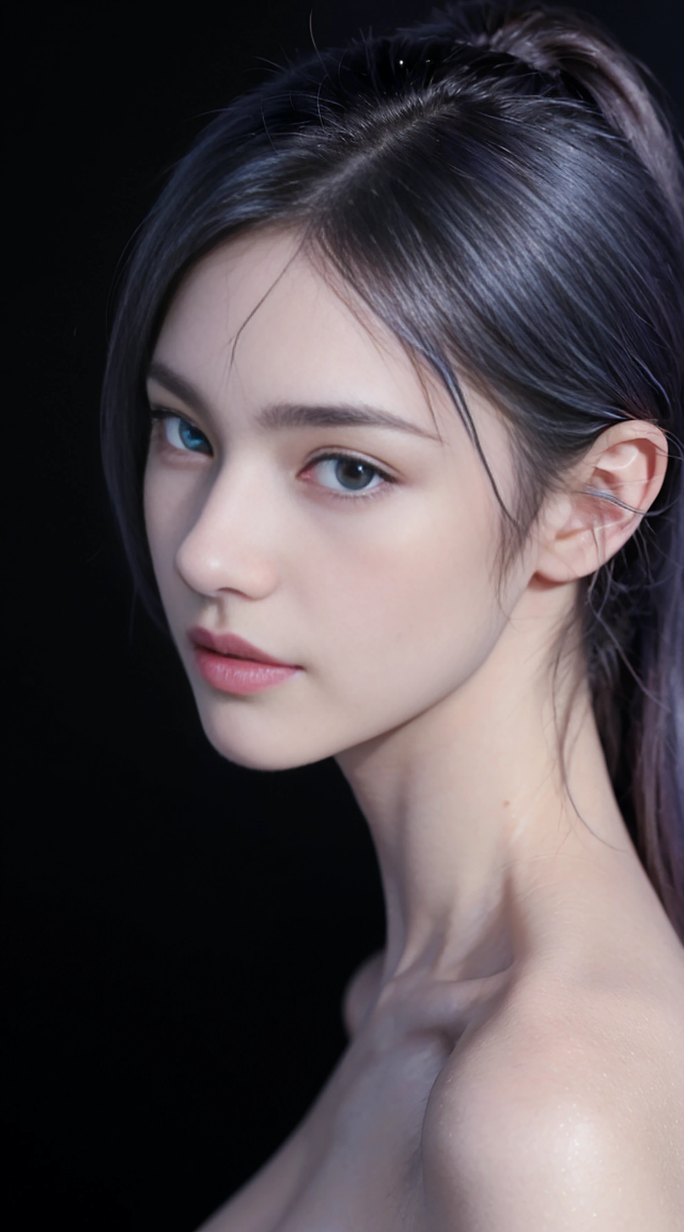 8K, Top Quality, Intricate Details, Ultra Detail, Ultra High Resolution, Masterpiece, ((close up shot)), side view, (full body: 1.1), Slender, Smile, (Makeup: 0.4), (Fluffy Blue Eyes: 1.21), blue Eyes, ((full body)), 1girl, solo, 1 girl, (( full body)), close up shot, , ((tall)), (((fit body))), (((slim face))), sharp face, sharp eyes, ((random colour hair, random hairstyle )), (detailed face), sharp face, small lips, standing,
(( ????? )), detailed face, detailed breast, , large breast, detail ass, , Beautiful girl with accentuated slender abs: 1.4, Six Pack Abs: 1.4, Bust Botox, Big, Perfect Body, detail leg, ( dark background)), black background,