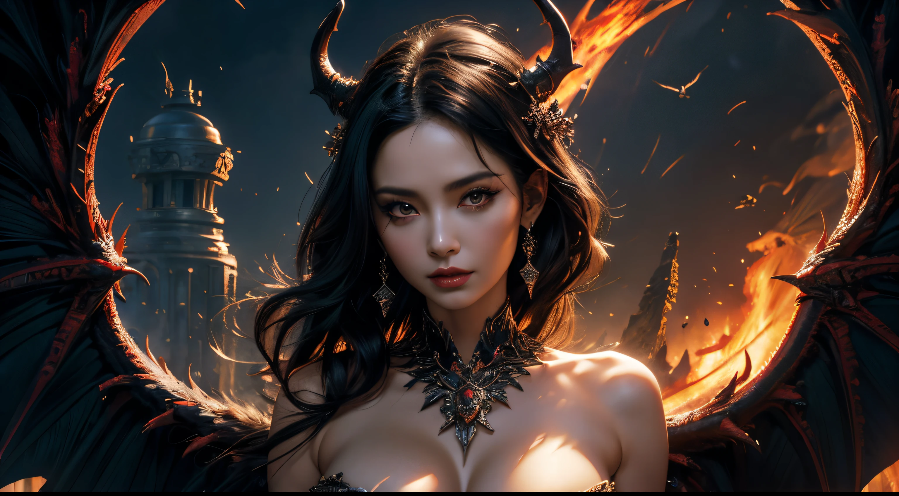 hyper HD,Raised sexy,A mature woman,Dragon's Horn,Large breasts,Black feathered wings,(Medium portrait:1.8),With volcano as background,Hellfire,mystic symbols,magia,theatrical