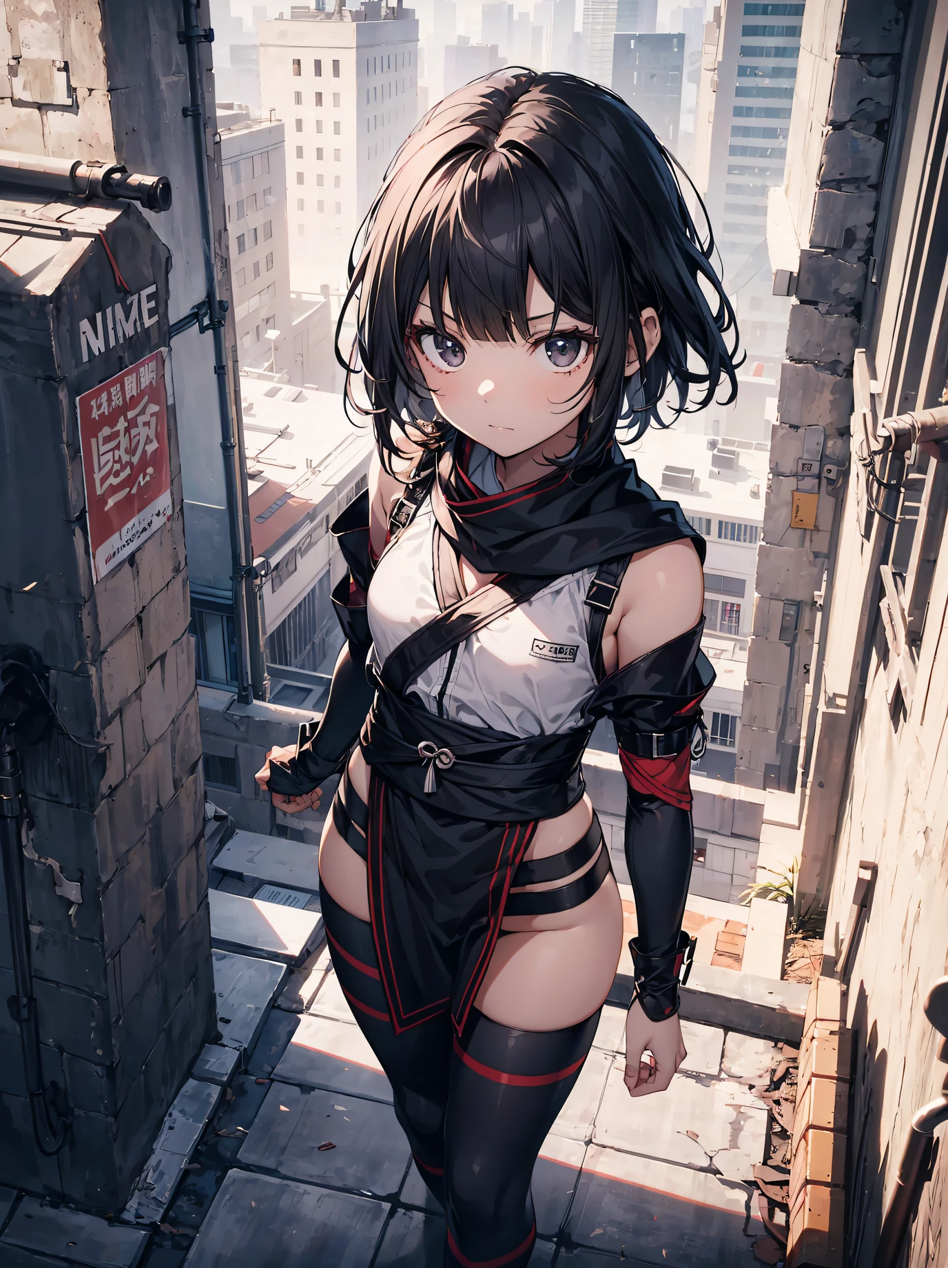 Ninjas are... cool and... fast.!God quality, anime moe artstyle,best anime 8k konachan wallpaper,badass anime 8k,perfect anatomy, (Please draw a picture of a ninja girl looking down on the city from the rooftop.)from diagonally above,dutch angle,break, 1girl is ninja, (Solo,,child,13-year-old:1.3), androgynous charm, (Very Short hair, blunt bangs), Full limbs, complete fingers,flat chest, Small butt, groin, finely 8k detailed beautiful black eyes, ninja costume, ninja scarf waving in the wind, stand on the skyscraper rooftop. break, I on a mission.。Sasasasa...。ultra-detailed,high resolution,super detailed skin, professional lighting, (cool illustration:1.2),