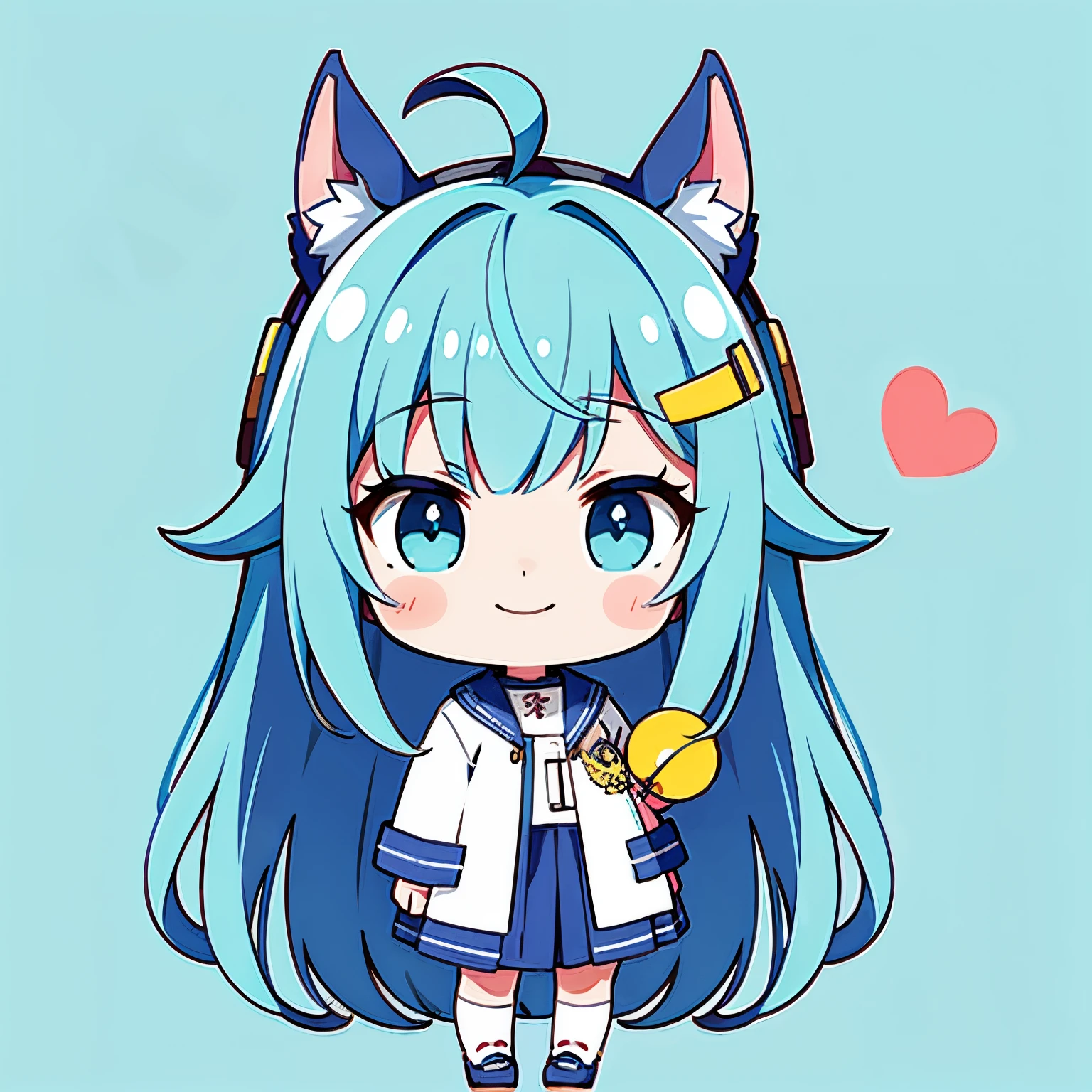 超A high resolution, Best aesthetic, Top quality depiction of the foot, Put on a jacket, Light blue long hair、Twin-tailed、 Flat Avatar, Anime visuals of cute girls, Cute art style, Chibi, Shorthair, Ahoge, is shy, adorable smiling, hair adornments,drawing on paper, simple background, 耳环, jewely, side locks, large oval eyes,