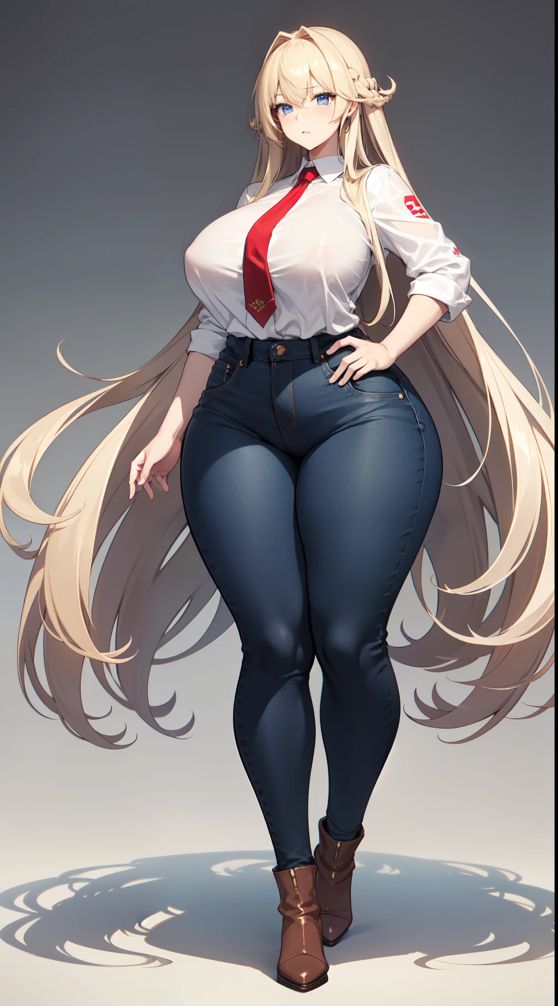 1 very high, Slim sexy girl, Extremely exaggerated tall figure,Extremely tall,Oversized, thick-bodied,elongate waist,Extremely exaggerated huge thick butt,Extra long thick legs,Extremely exaggerated long legs,Exceptionally long legs,Thick and long super long legs,bronze skin, whitet-shirt, denim pant, Brown booties,Very long white hair, Super long hair three meters long,Extra-long curls,eBlue eyes,Fulll body Shot,Full body photo。(GREY HAIR)