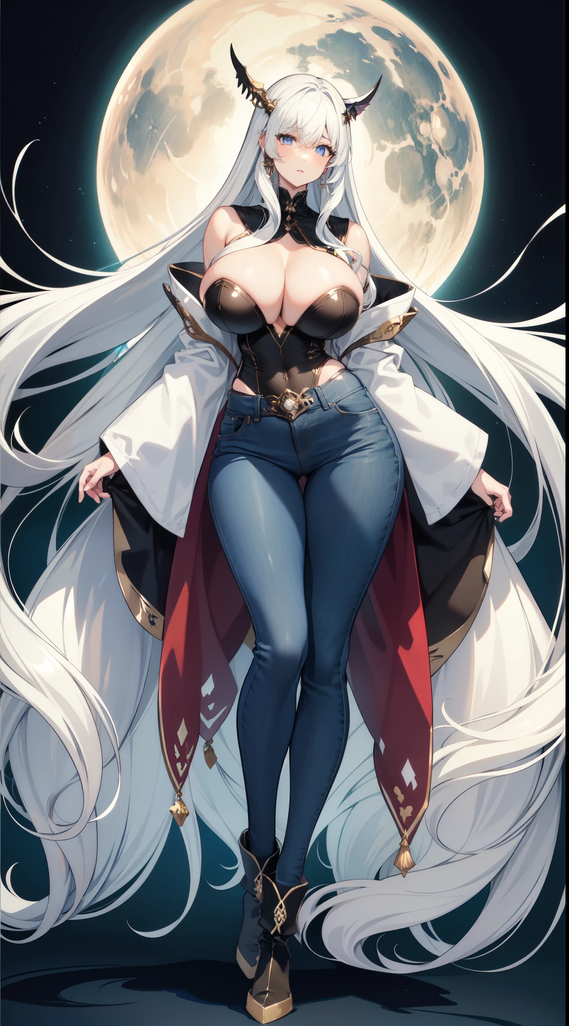 1 extremely tall, slender and sexy girl, Extremely exaggerated and tall figure,Extra-large thick breasts,Elongated waist,Extremely exaggerated and huge thick buttocks,Super long big thick legs,Bronzed skin, whitet-shirt, denim pant, Brown booties,Very long white hair, Super long hair three meters long,Extra-long curls,eBlue eyes,full body shot shot。