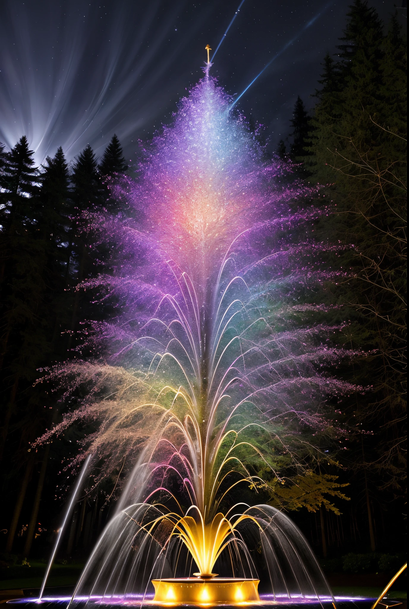 Brightly colored fountain that sprays water at night,Trees in the background, swirls of magic, swirling water cosmos, glowing swirling mist, Rotated, Spiral dripping gold, Mysterious vortex, long exposure shooting, vortex of energy, light paint, swirls of fire, electric vortex, slow exposure hdr 8k, Long exposure photography