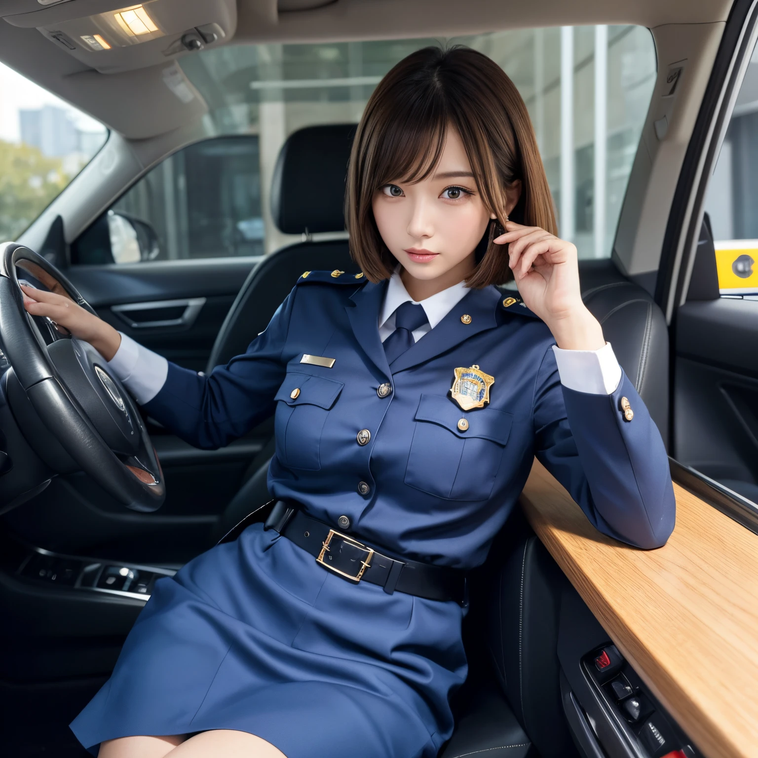 (Top resolution, Distinct_Image 1.2) 、(Beautiful girl with golden ratio face)、(very vivid eyes、earth eye 1.2)、great must-have, high detailing, Bob Hair、lipgloss、Very beautiful girl、 Solo, Beautiful girl like a model、Uniformed women, tight skirts、Police Uniform, officer, Wearing a uniform and sitting on a chair、Blue Uniform, bobby、security agent、Black pantyhose、Inside the police car、passenger seat