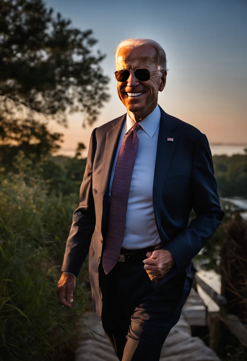 A photo of Joe Biden enjoying a tranquil sunset stroll by the lake,original, Joe Biden, the President of the United States, is typically seen in a suit and tie, often with a smile and aviator sunglasses, which have become somewhat of a trademark look for him. He has white hair, blue eyes, and is known for his friendly demeanor., male