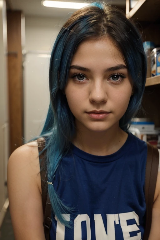 18-year-old girl, blue hair, brown eyes