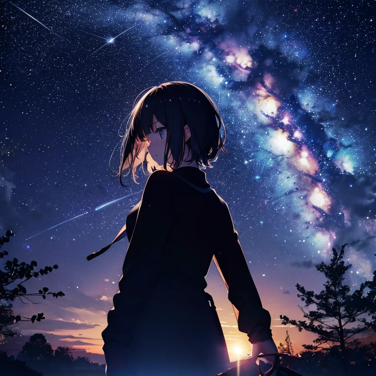 night milky way girl distant silhouette