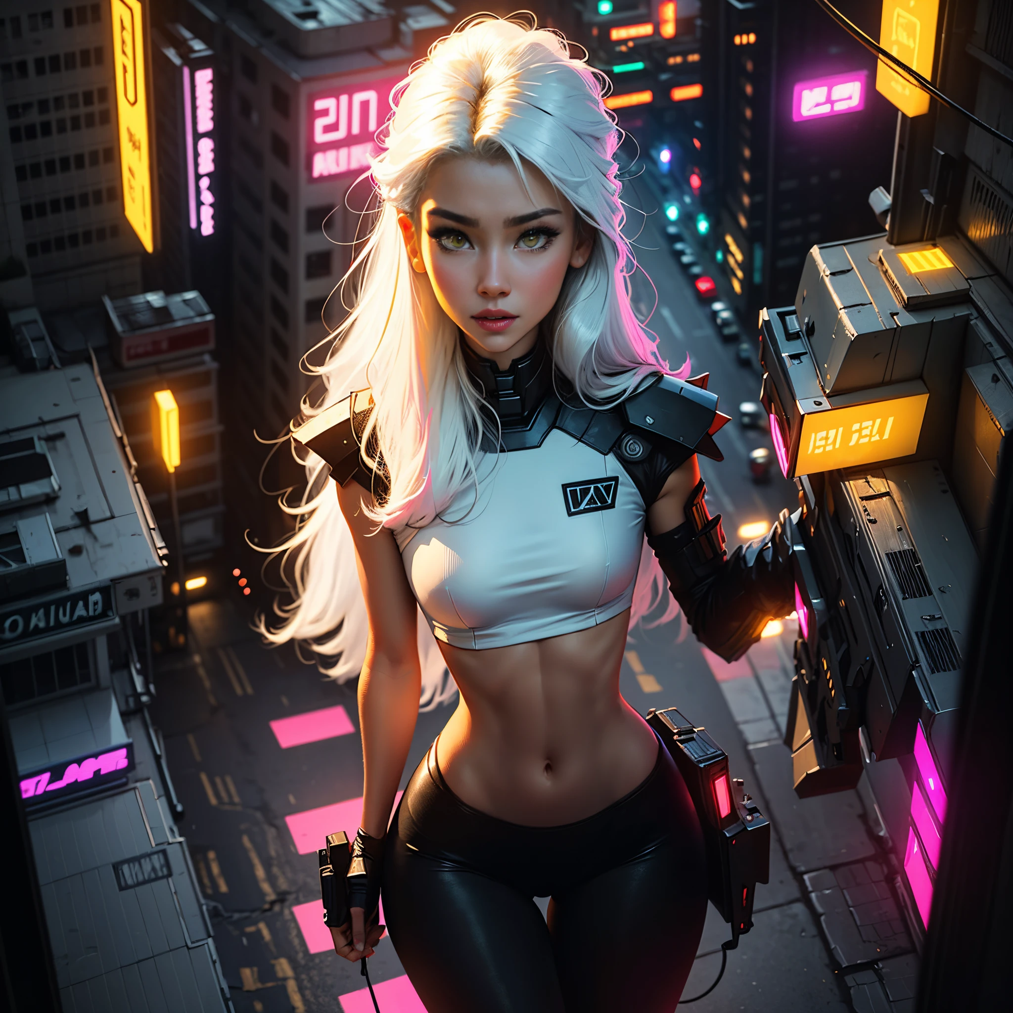 Pretty, Woman, Sexy face, Yellow eyes, White hair, Slim body, Sexy Pose, Pink tights, mechs, Neon sign, Led Night City, Seen from above, High quality, Realistic, Beautiful light, full detail, Black background