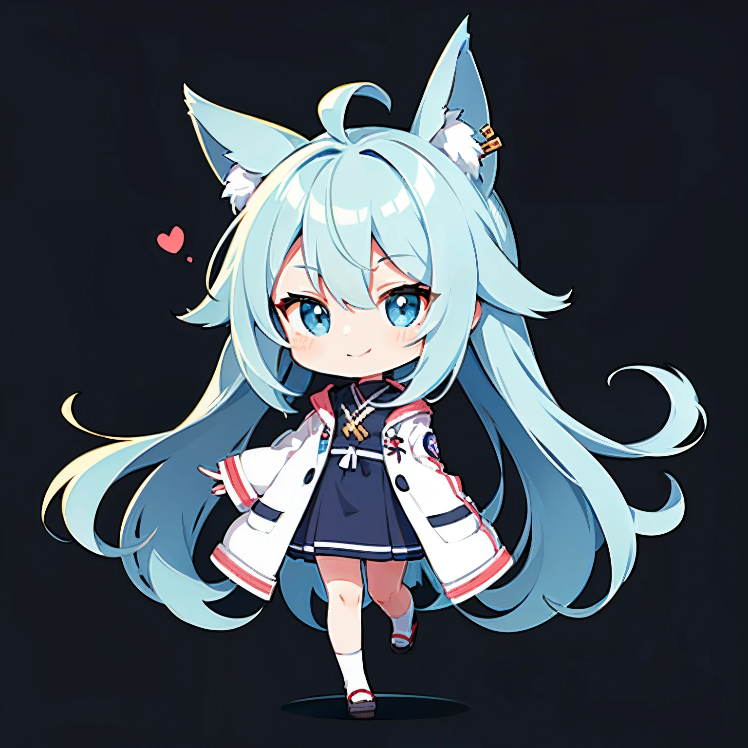 超A high resolution, Best aesthetic, Top quality depiction of the foot, Put on a jacket, Light blue long hair、Twin-tailed、 Flat Avatar, Anime visuals of cute girls, Cute art style, Chibi, Shorthair, Ahoge, is shy, adorable smiling, hair adornments,drawing on paper, simple background, 耳环, jewely, side locks, large oval eyes,