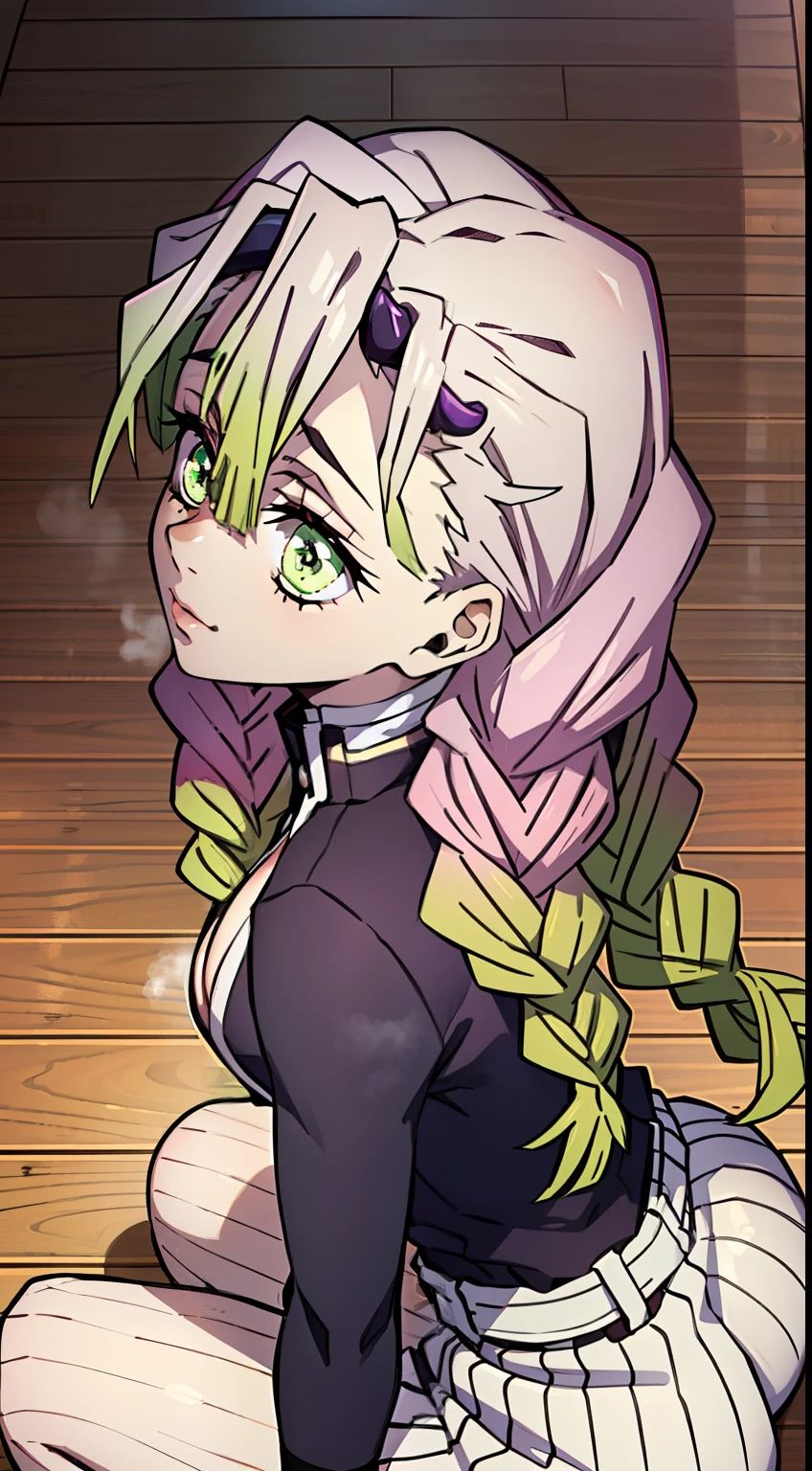beutiful, (beste-Qualit, looks down on her, view from bottom, tmasterpiece, sits on the floor, Very sexy ass, sexypose, Super detailed: 1.5), perfect lighting, glittering, Nature, steam, blue skies, At a distance, body complet, facial focus, a 1girl, Mitsuri (Demon Slayer), handsome girl, beatiful face ((Mitsuri (Demon Slayer))), Girl with long green and pink gradient hair and green eyes in a long-sleeved jacket and neckline, White Haori, black skirt with silver belt and green striped hips, rose hair, green hair, Gradient hair, multi-colored hair, hairlong, quiff, twin braids, green colored eyes, Demon Slayer Uniform, Long sleeve jacket, White Haori, blackskirt, Silver Belt, green striped thighs, blusher, realisti, pectoral muscles,, wide thighs, (Thick rods: 0,9), décolleté, standingn, Hands Behind Your Back, gaze at the viewer, Erotica