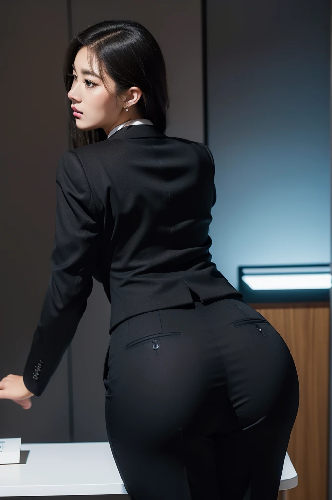 Super Beautiful Office Lady、(((big curved ass)))、(Office Blazer)、(Black suit pants)、Portrait、posterior view、(((top-quality, masterpiece))), (((ighly detailed)))