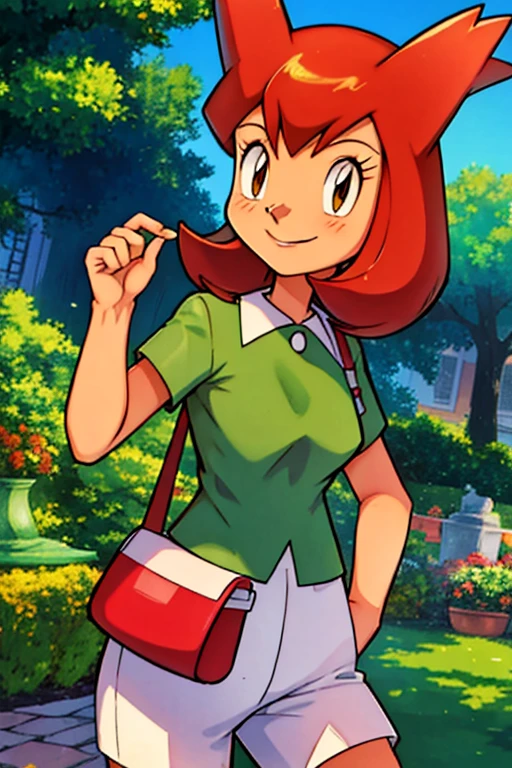 bianca (pokemon heroes), bianca outfit (pokemon heroes), anime, masterpiece, best illustration, 2d, very high resolution, 1girl, garden location, smile