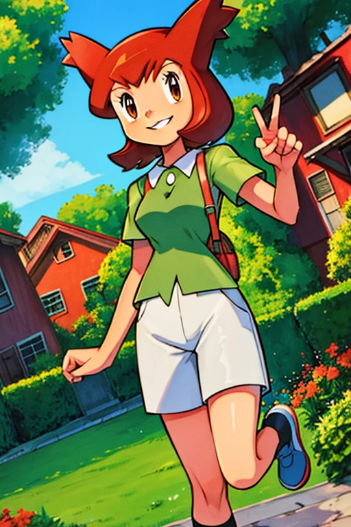 bianca (pokemon heroes), bianca outfit (pokemon heroes), anime, masterpiece, best illustration, 2d, very high resolution, 1girl, garden location, smile