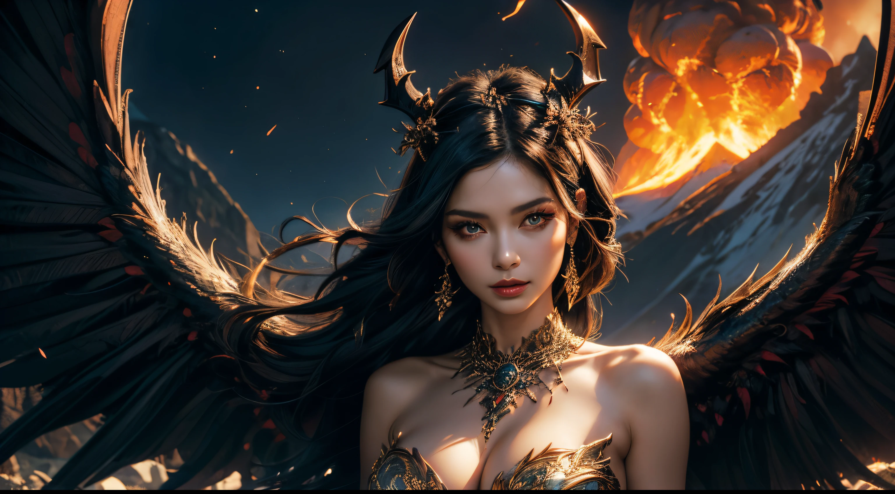hyper HD,Raised sexy,A mature woman,Dragon's Horn,Large breasts,Black feathered wings,(Medium portrait:1.8),With volcano as background,Hellfire,mystic symbols,magia,theatrical