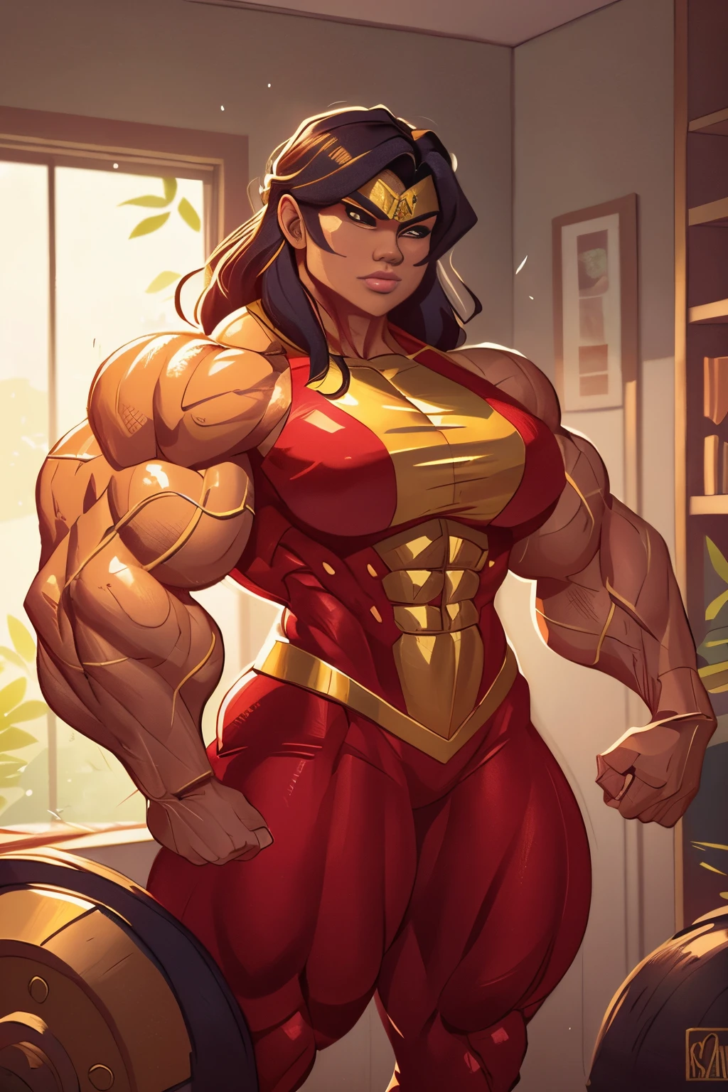((Best quality)), ((Masterpiece)), ((illustration)) and ultra-detailed illustration of a girl with chun li colors. Chun- li, ((alternate chun-li costume)), dressed in black, long flowing hair, pressed together, shoulders exposed, slendered abs, ((Chun- li)), (navel exposed), dressed in (gold and black, black qipao:cleavageautiful and aesthetic)), ((((muscles)))), Sexy, exposed frms-, ((gigantic breasts)), Hot, (Crdient background)