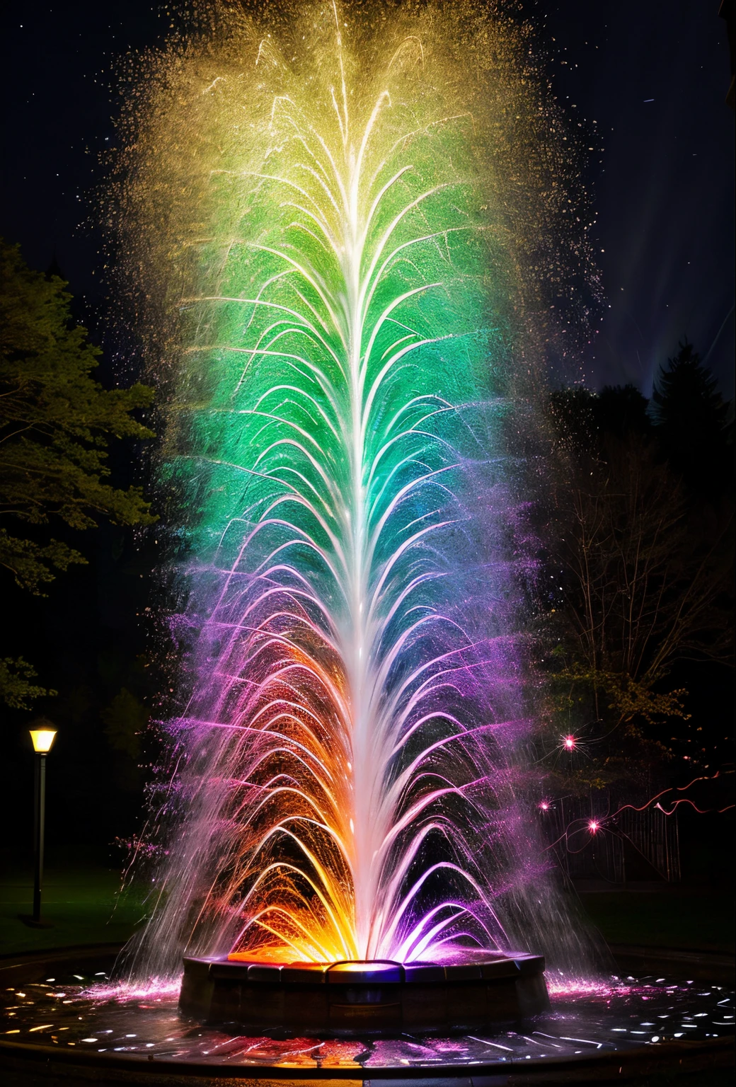 Brightly colored fountain that sprays water at night,trees in the background, swirls of magic, swirling water cosmos, glowing swirling mist, Rotated, Spiral dripping gold, Mysterious vortex, long exposure shooting, A swirling vortex of energy, light paint, swirls of fire, eddy, slow exposure hdr 8k, Long exposure photography
